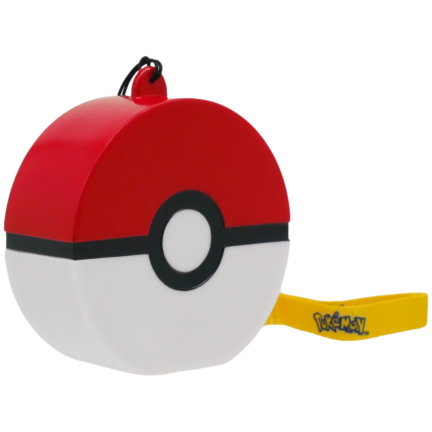 Een rode en witte Pokémon bal met gele band en Pokémon logo.