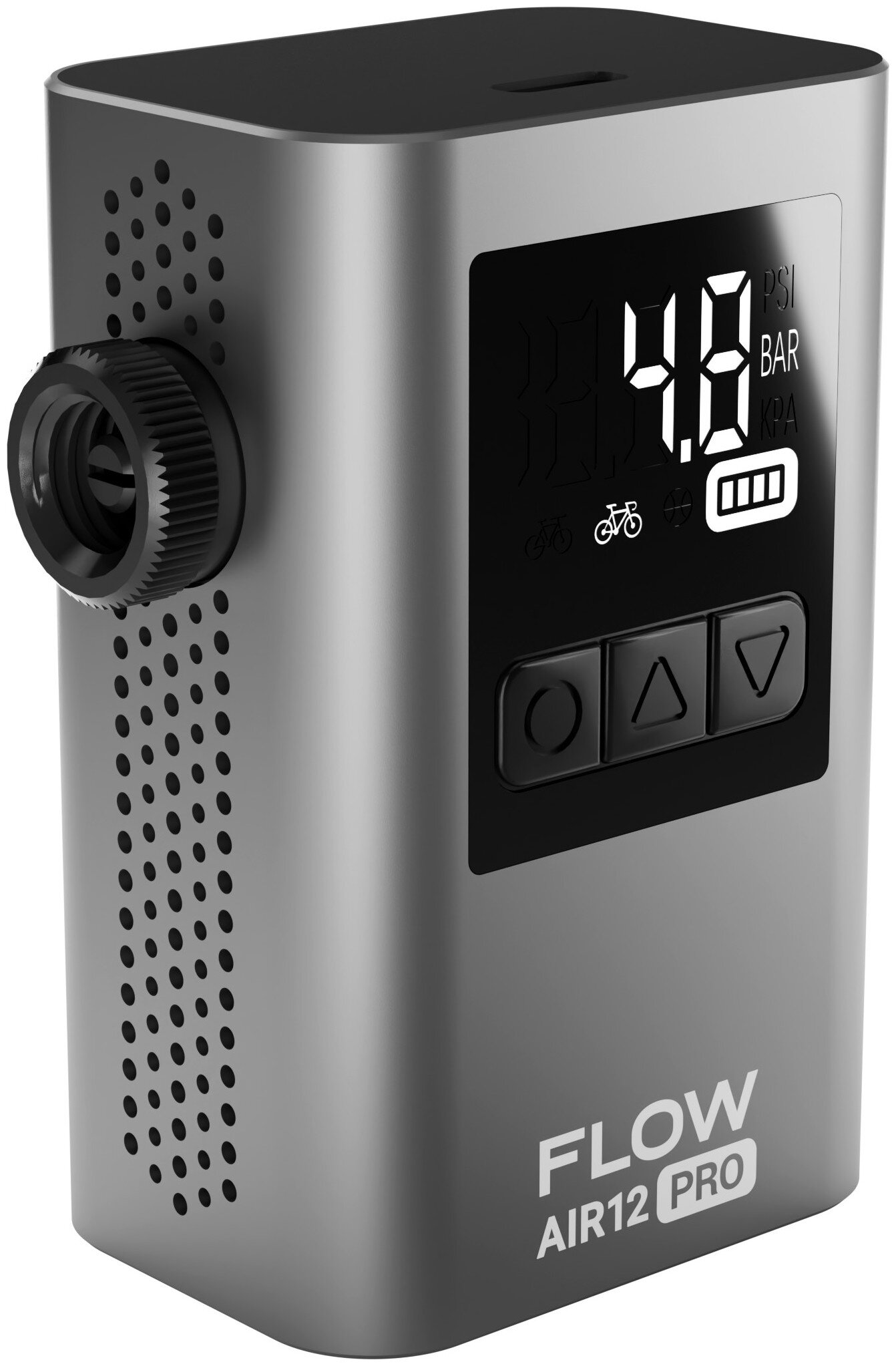 Szary cyfrowy kompresor powietrza z przyłączem węża i wyświetlaczem pokazującym 4.8 PSI.