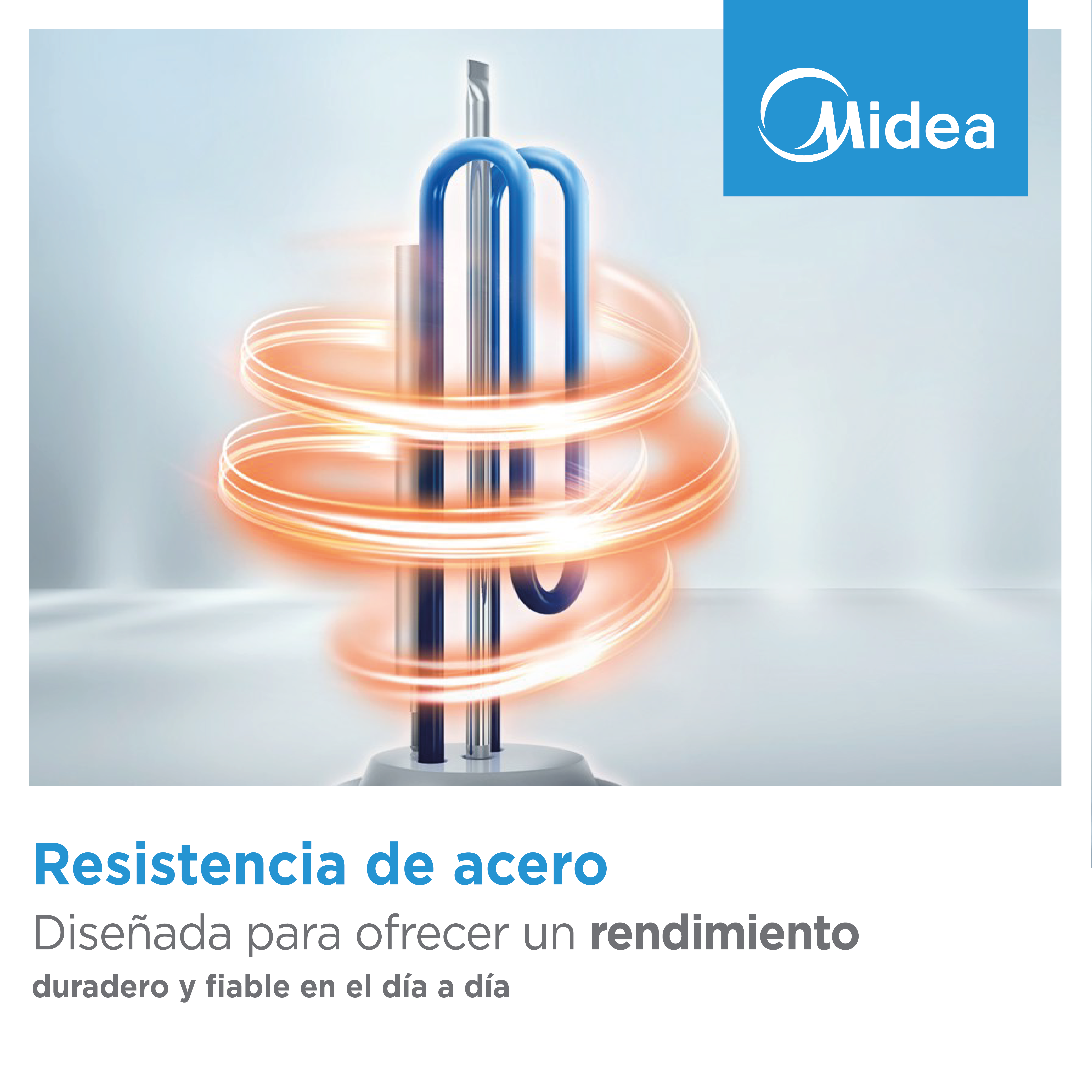 Un elemento calefactor de acero con el logo de Midea. Energía naranja brillante lo rodea.