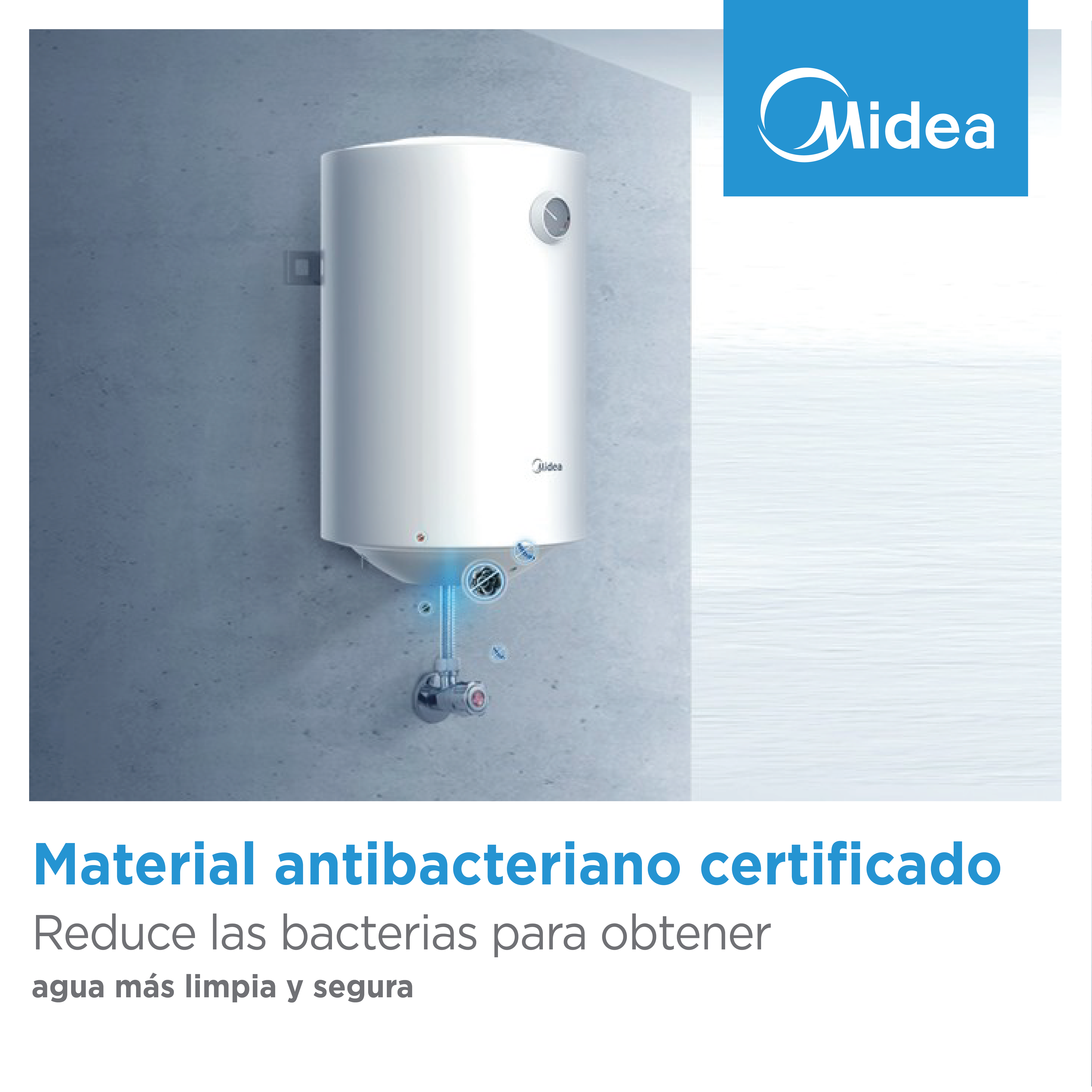Un calentador de agua blanco montado en la pared, con el logo de Midea.