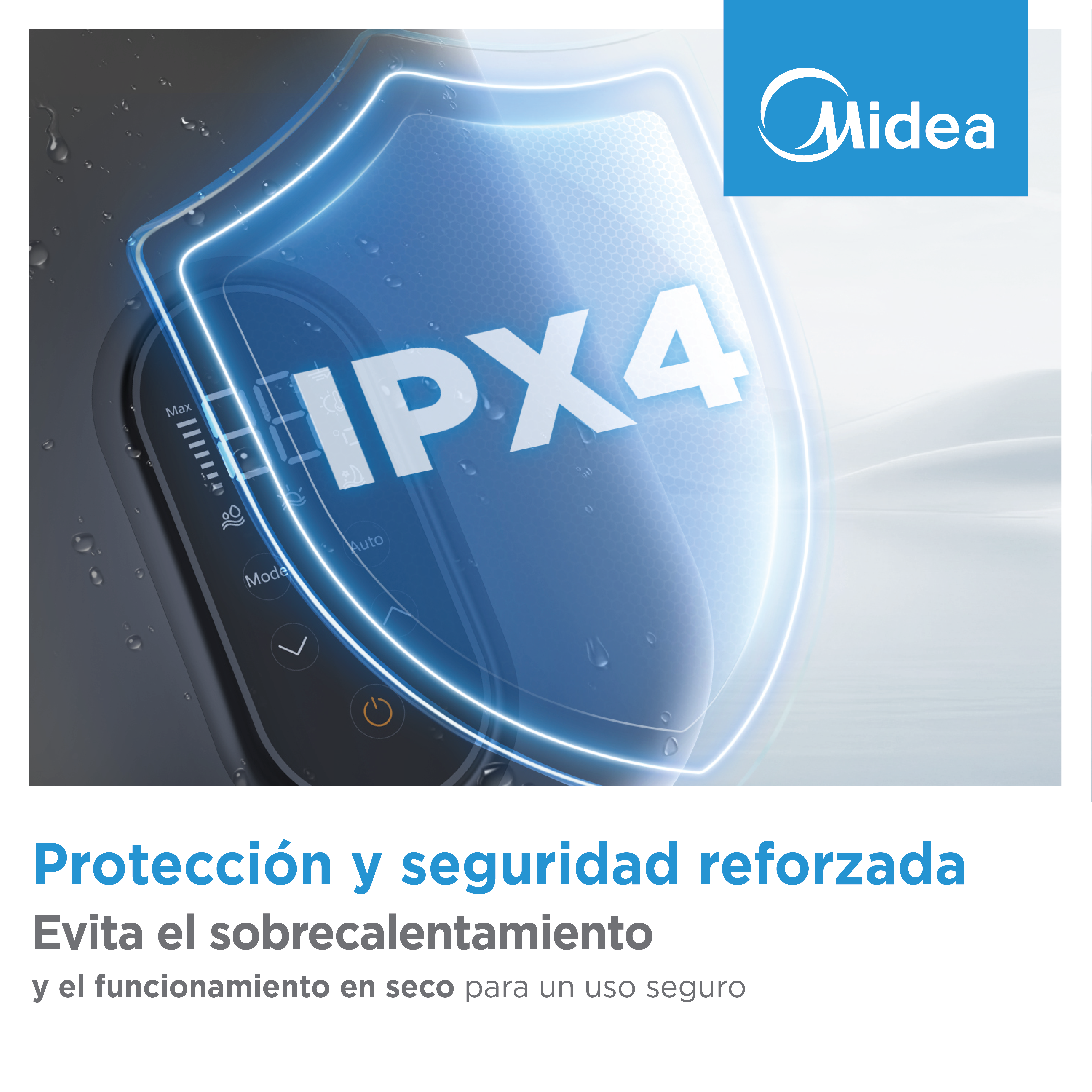 Logo Midea sobre un escudo azul con símbolo IPX4 y panel de control.