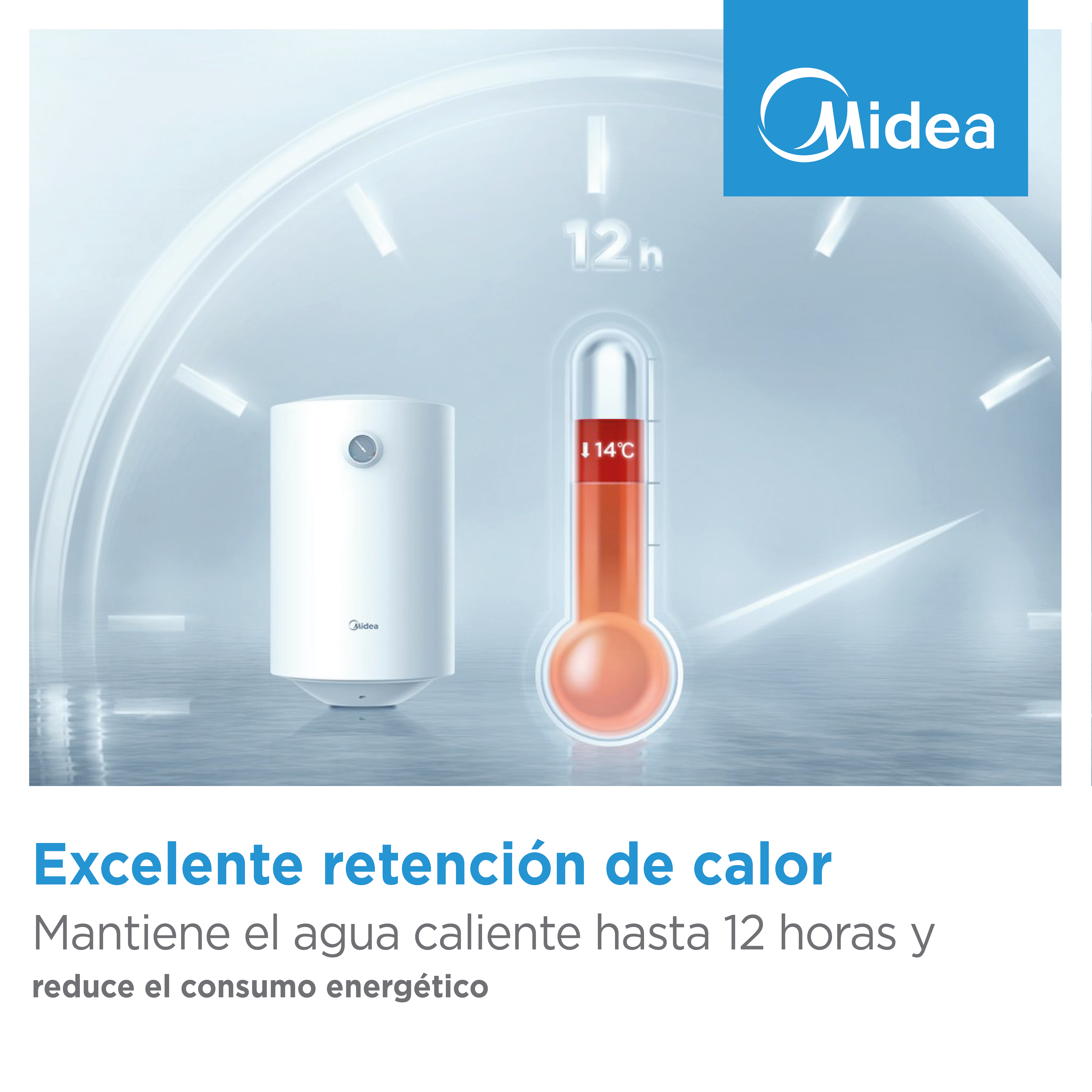 Un calentador de agua blanco junto a un termómetro que marca 14°C. Logo Midea.
