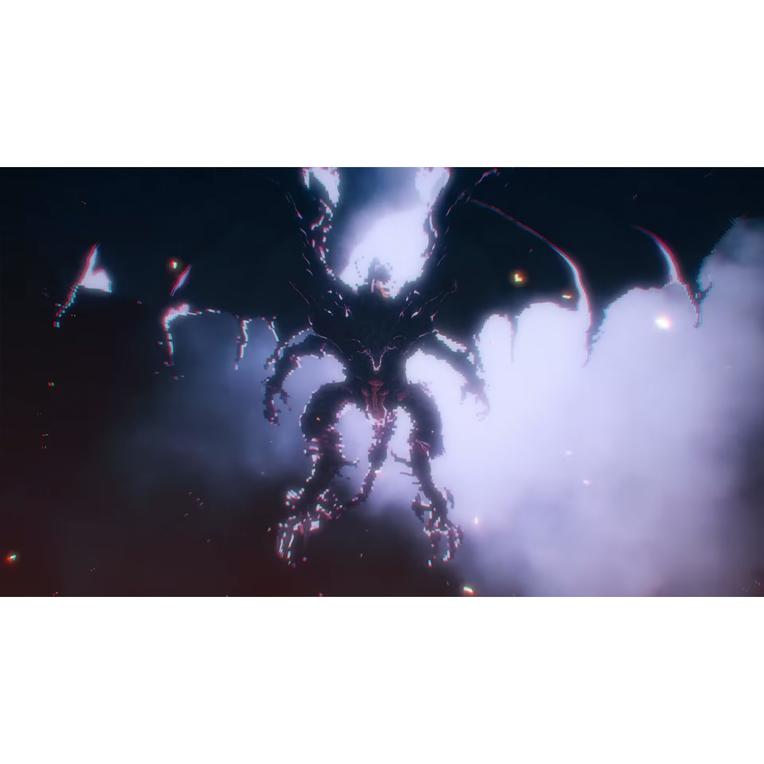 Een donkere, gevleugelde demon zweeft in rokerige, paarse lucht.