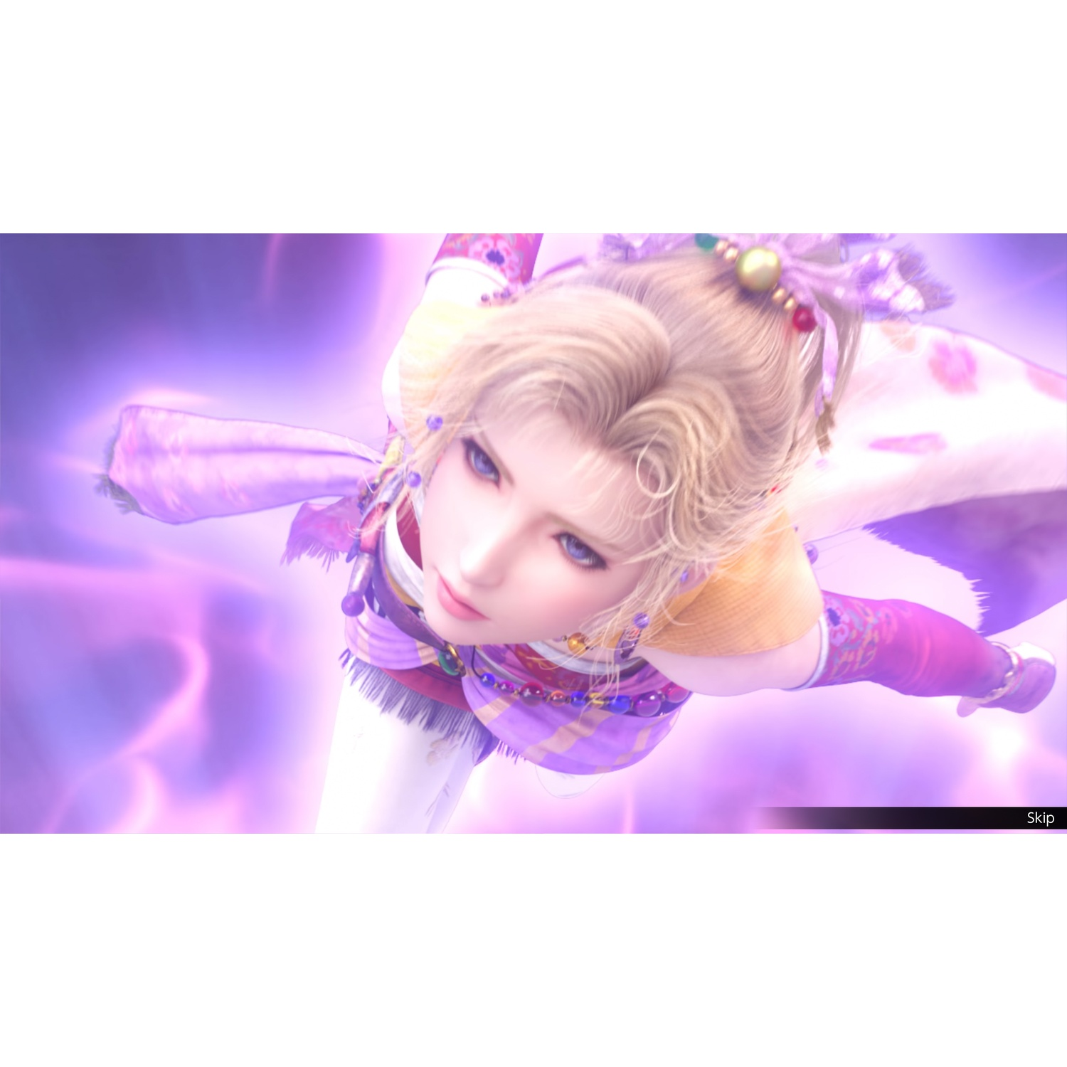 Anime personage met blond haar vliegt door paarse mist, draagt kleurrijke kleding.