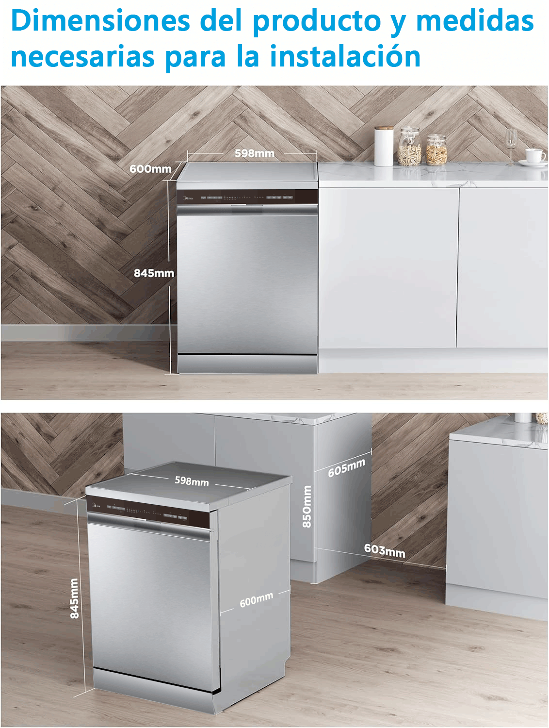 Un lavavajillas plateado con dimensiones: 845 mm (alto), 598 mm (ancho), 600 mm (profundidad) junto a gabinetes blancos.