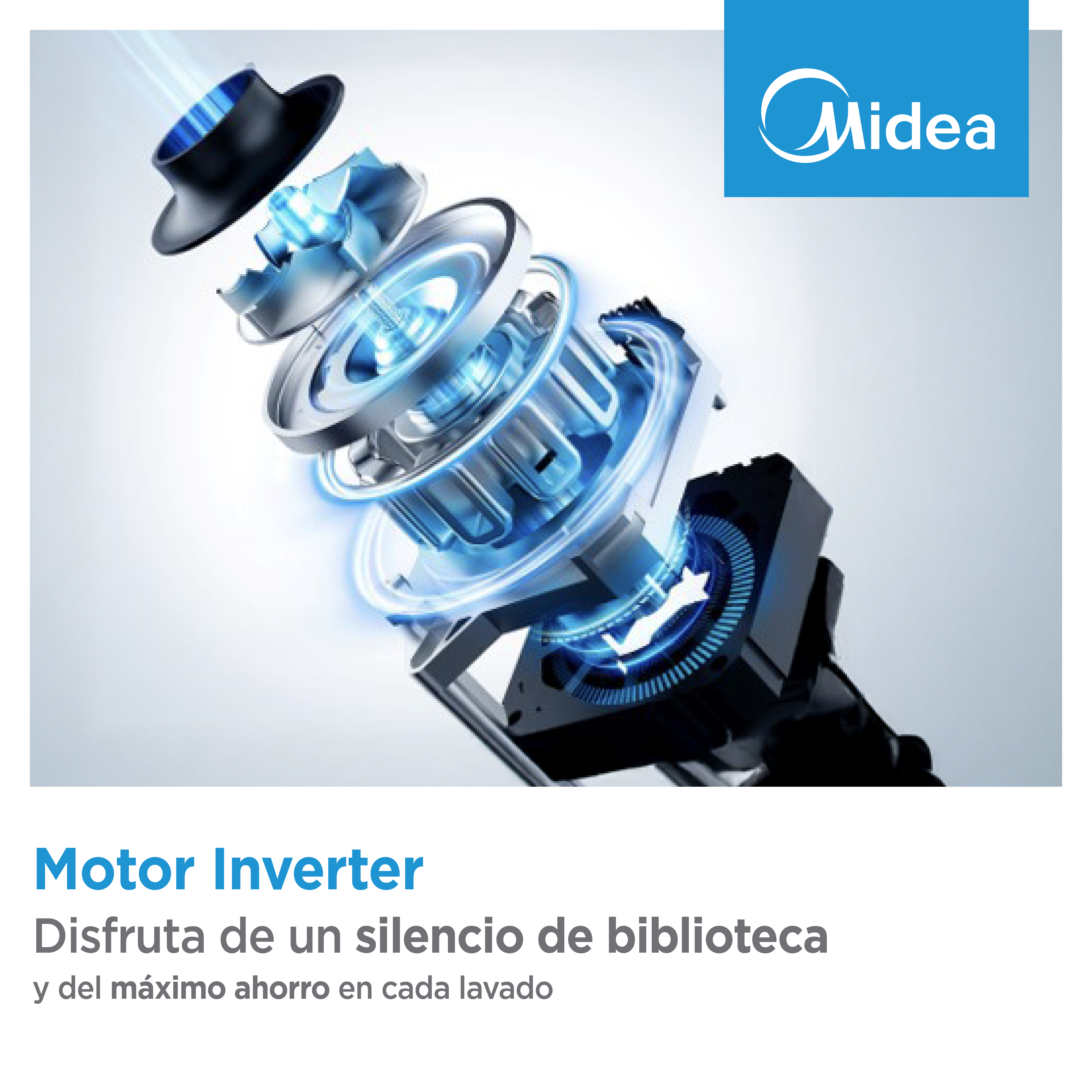 Vista explosionada de un motor Midea Inverter con efectos de luz azul.