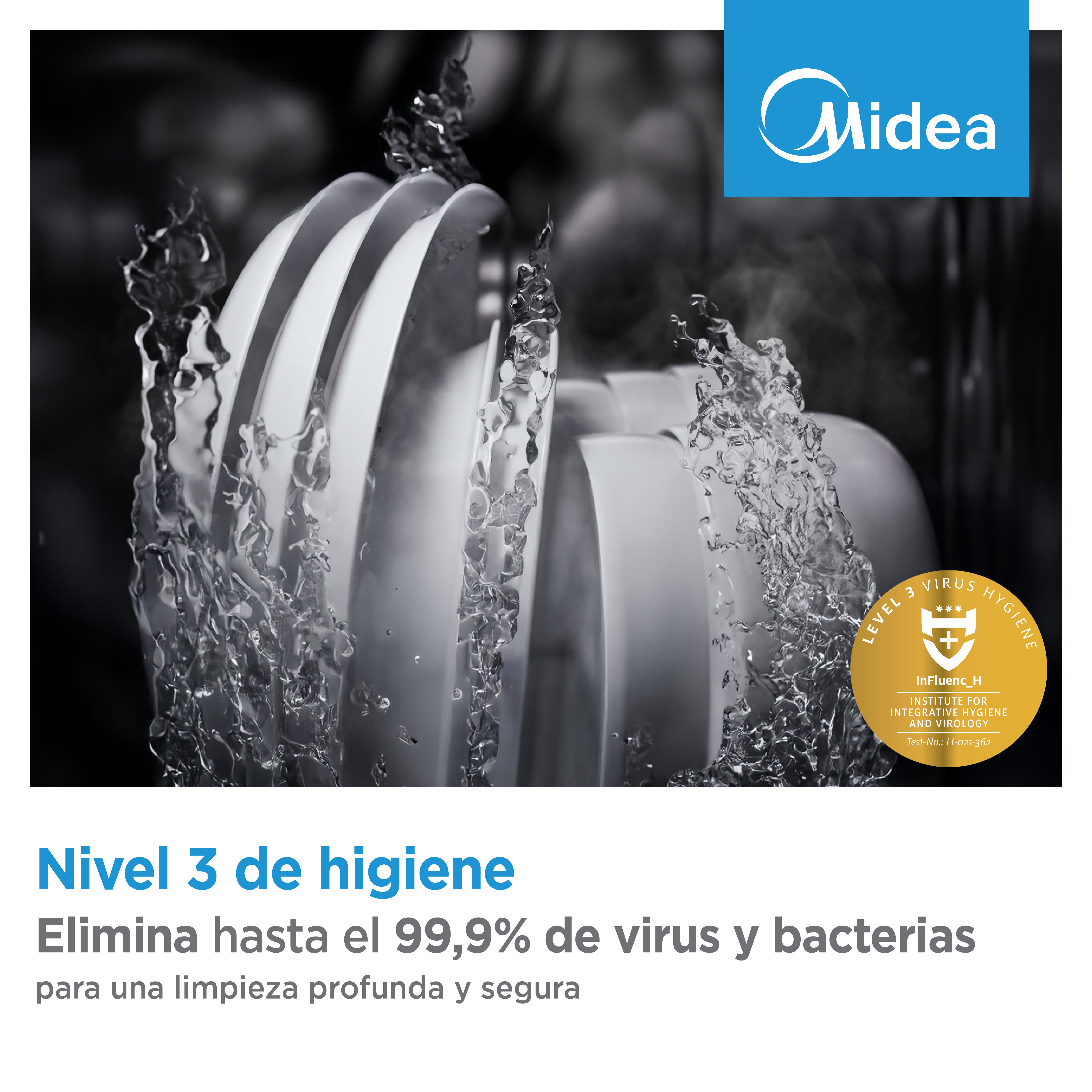 Platos rociados con agua en un lavavajillas. Logo de Midea arriba.