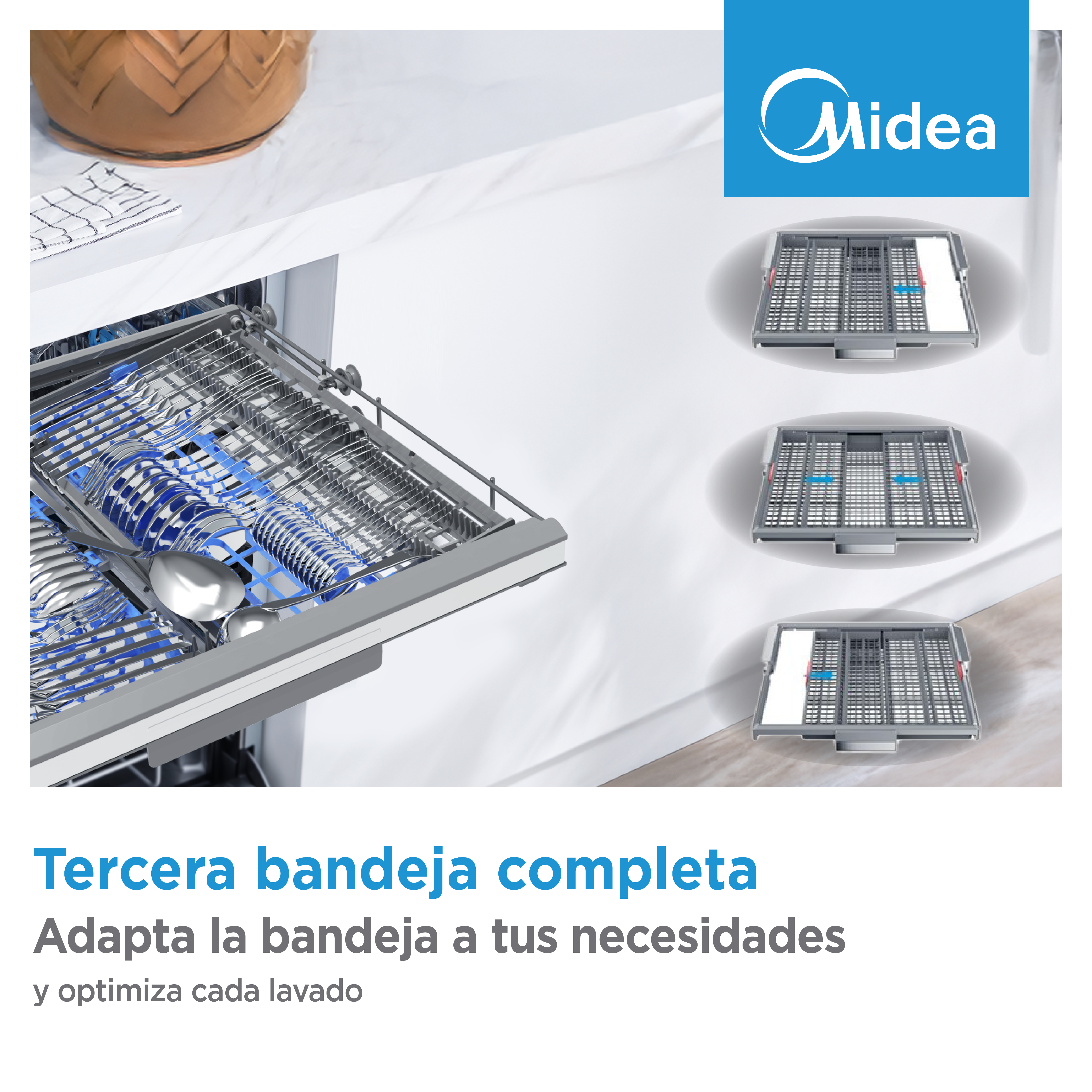 Cesto de lavavajillas con insertos azules y cubiertos. Logo Midea.
