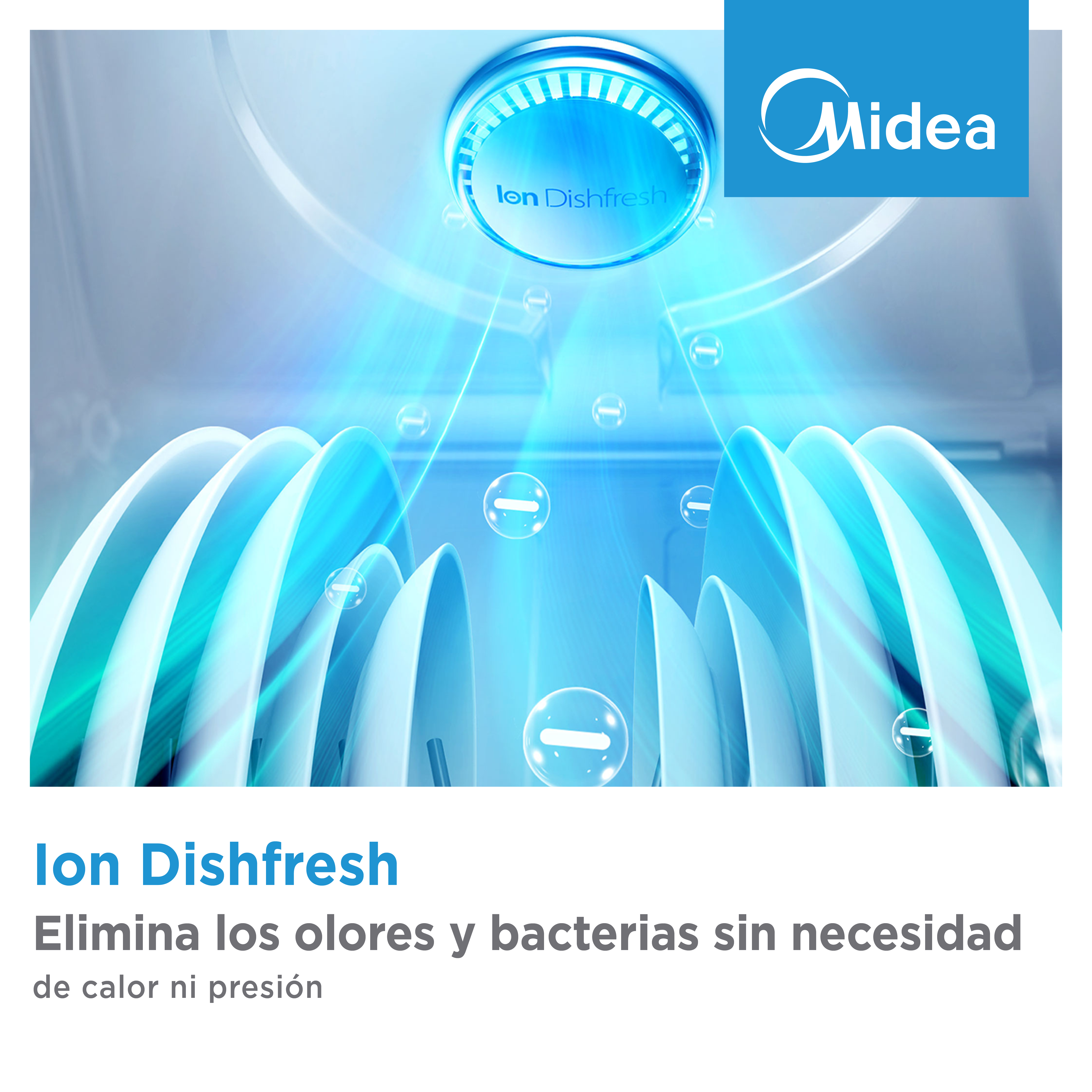 Iones azules limpian platos blancos. Logo Midea arriba derecha.