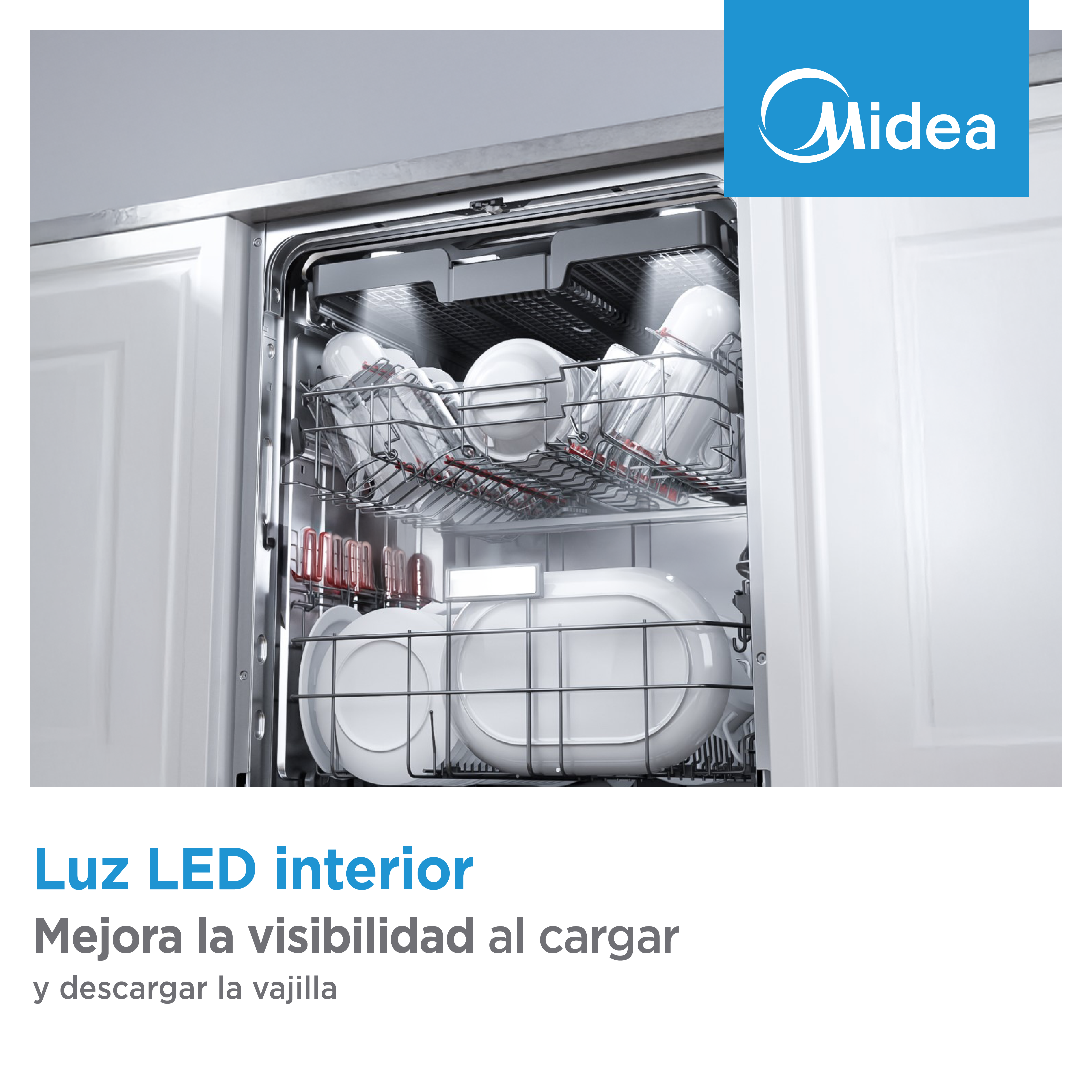 Interior de lavavajillas con cestas de platos y vasos blancos, iluminado por LED.