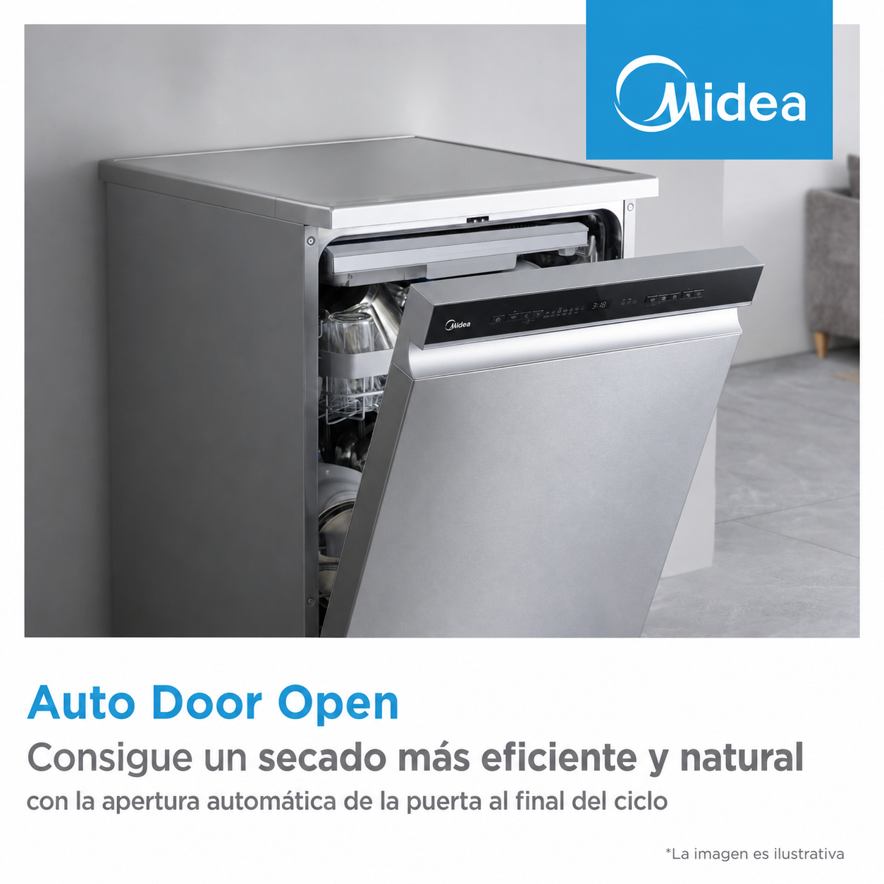 Un lavavajillas plateado con la puerta abierta, mostrando vasos y platos dentro.