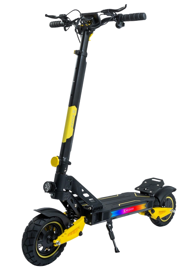 Czarny skuter elektryczny z żółtymi akcentami i oświetleniem RGB.
