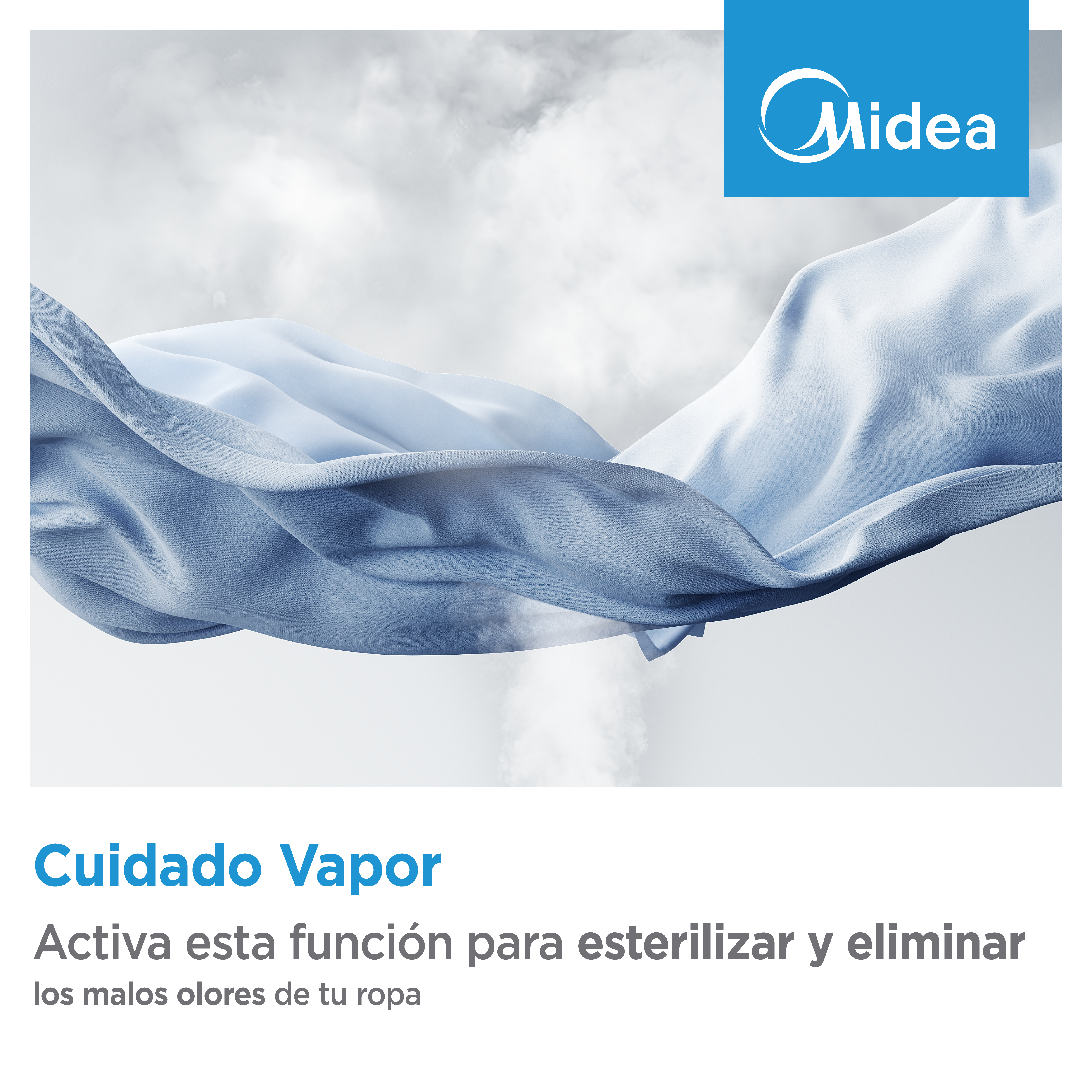 Tela azul ondea contra fondo de nubes y vapor. Logo Midea arriba a la derecha.