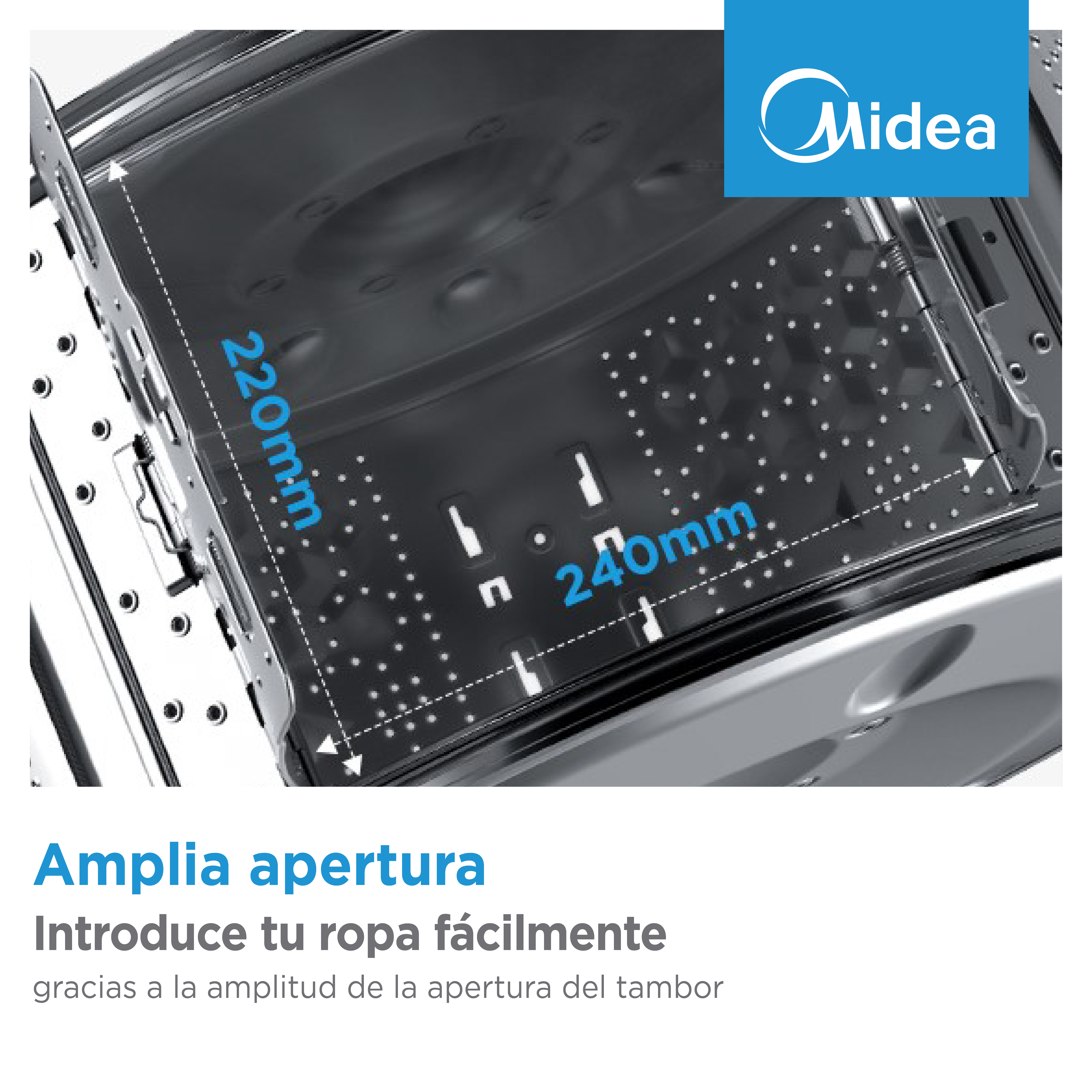 Vista interior del tambor de una lavadora con marcas de 220 mm y 240 mm.