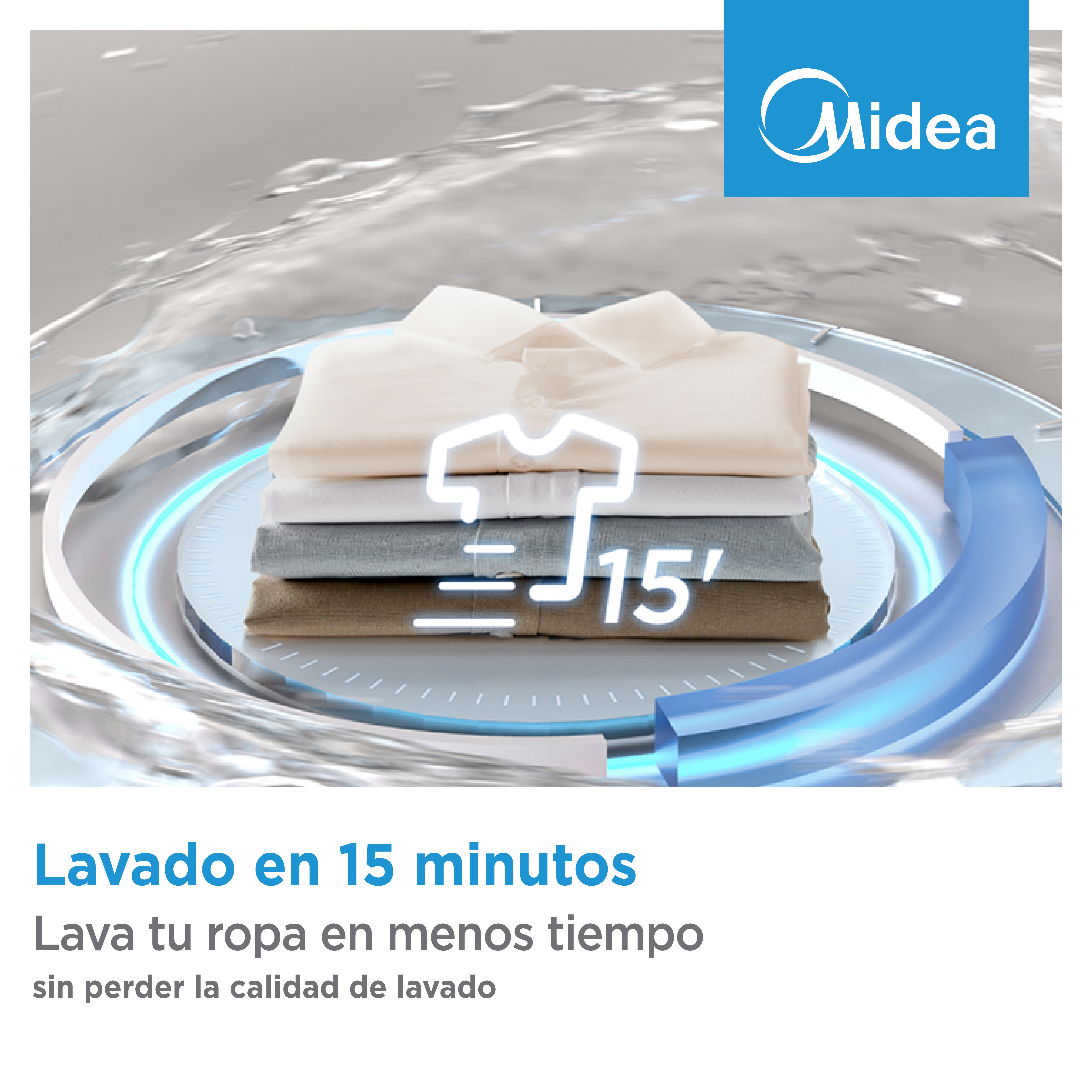 Ropa apilada con logo de Midea y pantalla '15 min lavado'.