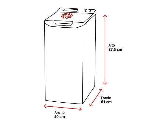 Lavadora con dimensiones: Alto 87,5 cm, Ancho 40 cm, Fondo 61 cm.