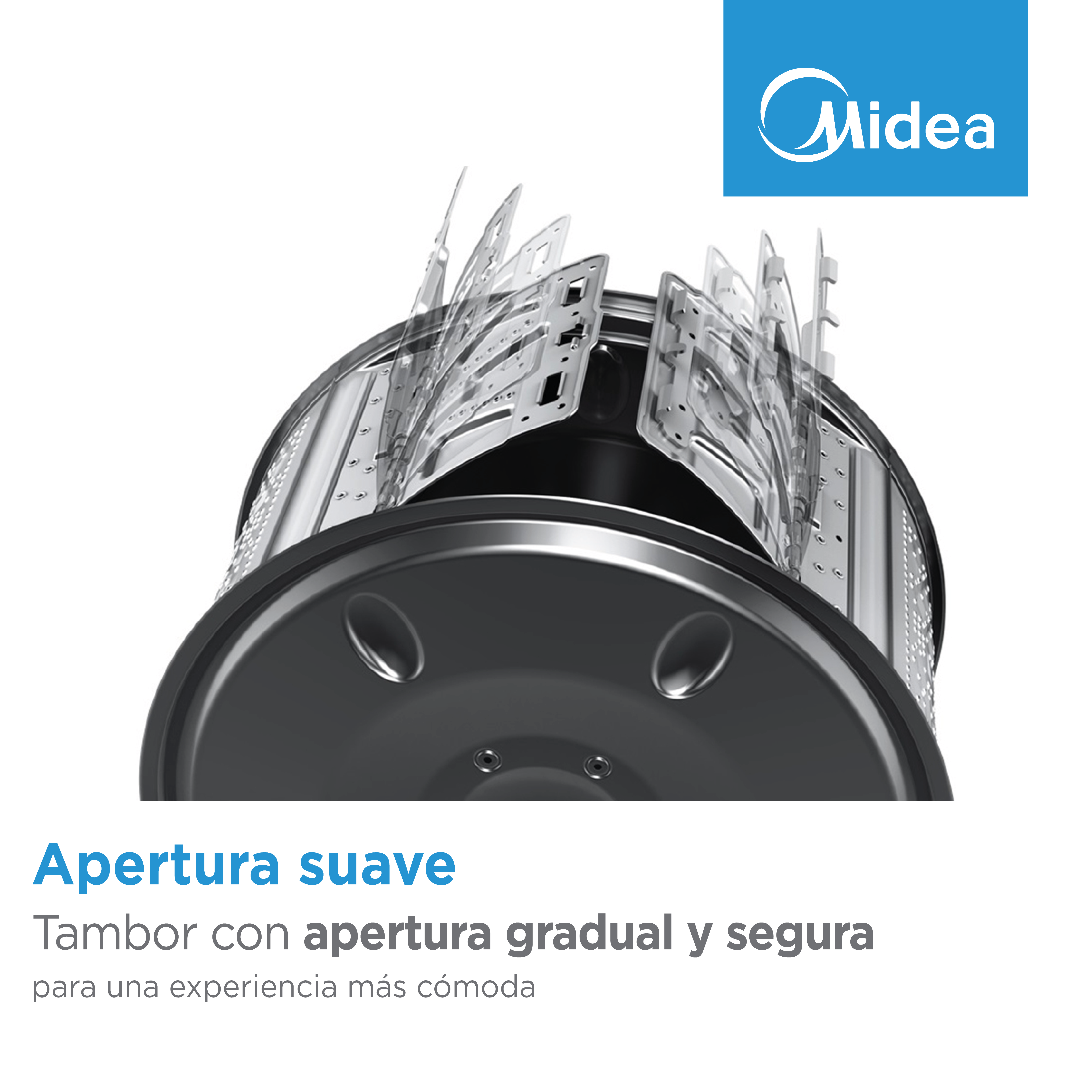 Logo de Midea sobre una sección de tambor de lavadora con aletas metálicas.