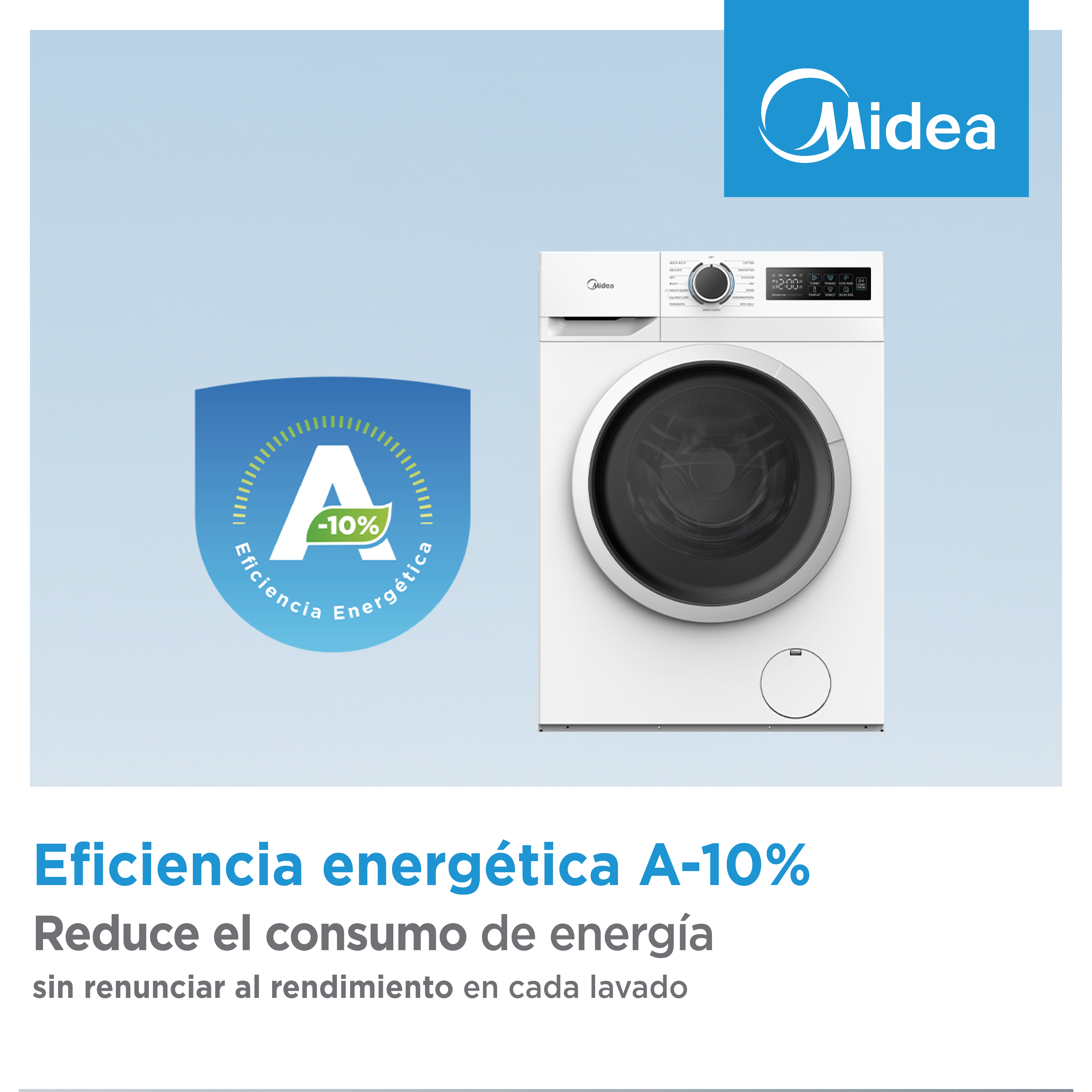 Lavadora Midea con etiqueta A-10% de eficiencia energética. Fondo azul claro.
