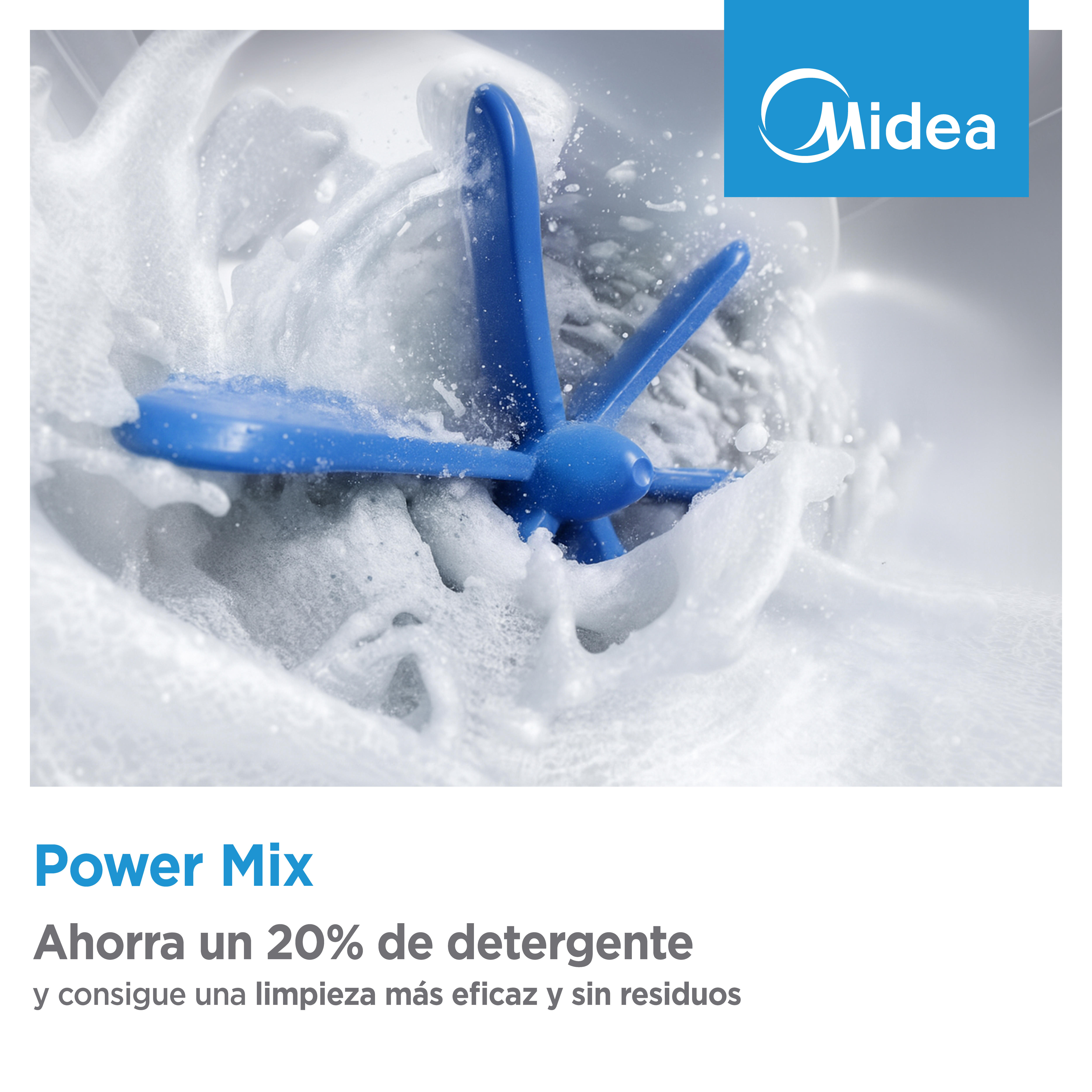 Un propulsor azul gira en agua espumosa. Logotipo de Midea arriba a la derecha.