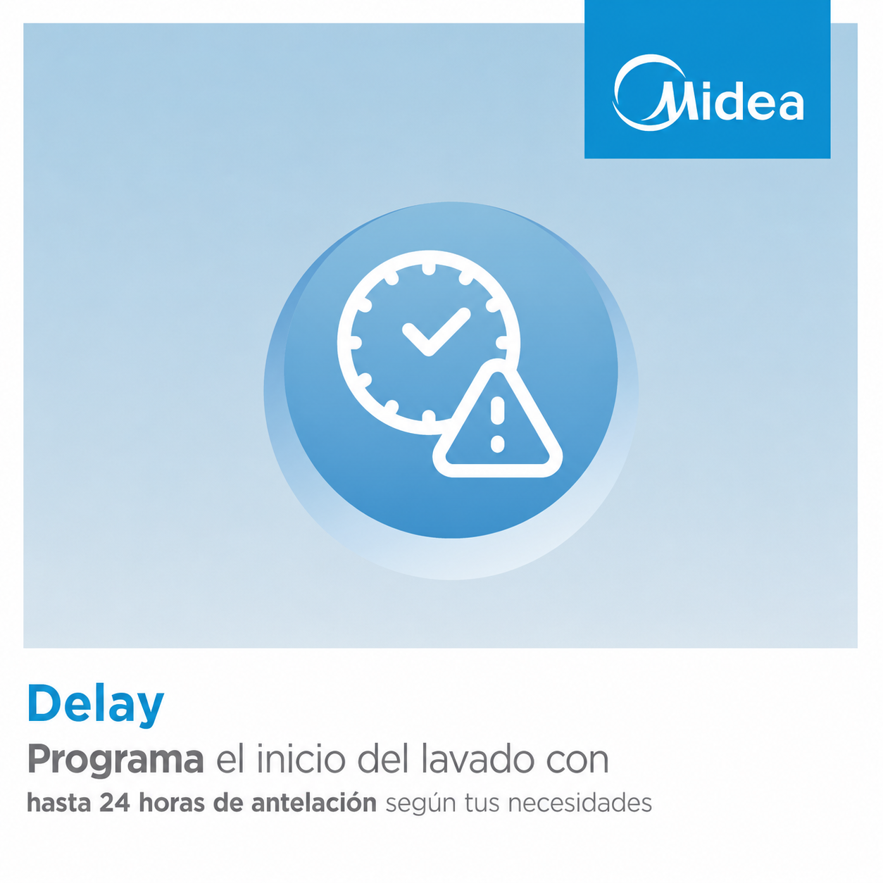 Logo Midea sobre un círculo azul con reloj y símbolo de advertencia.