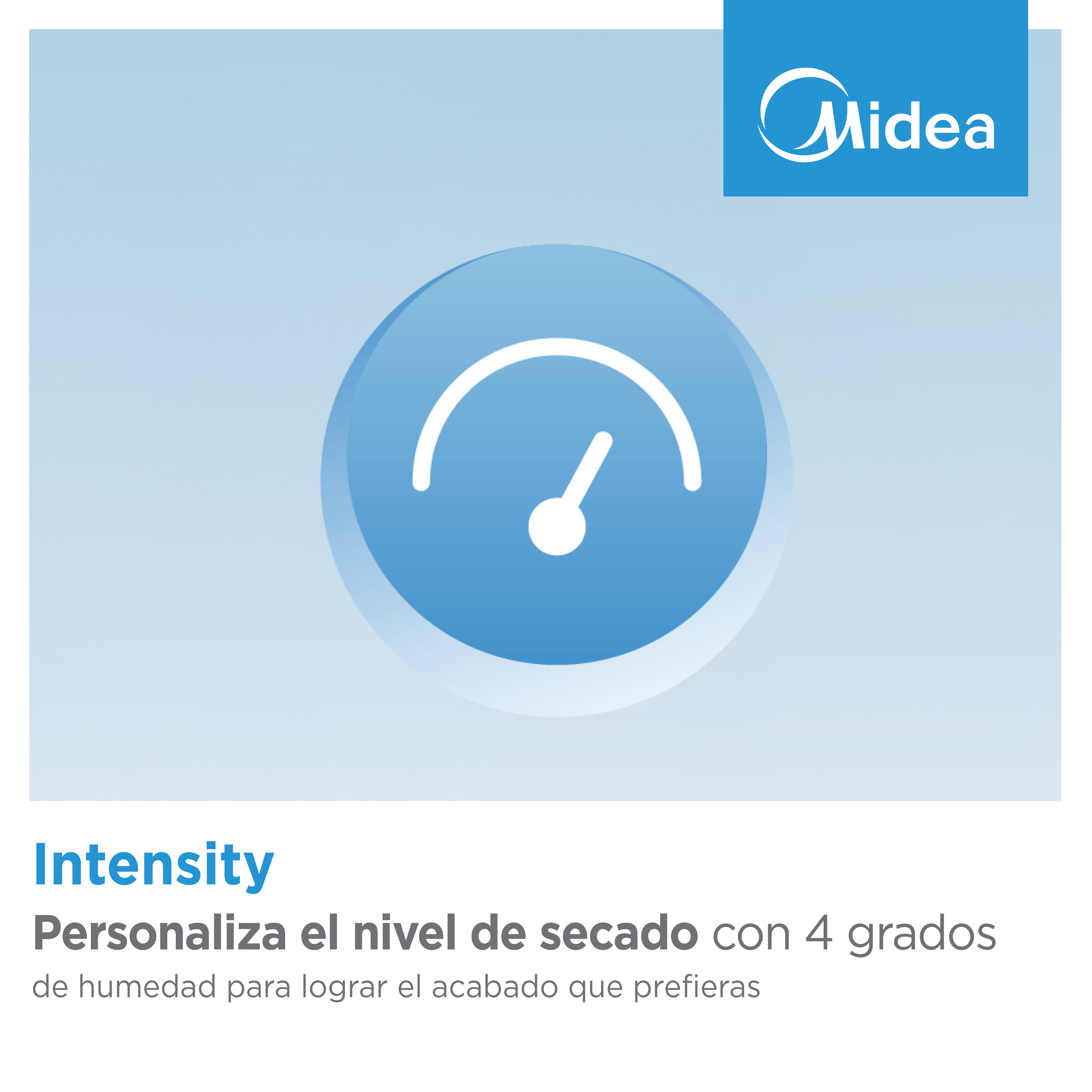 Logo Midea y un icono de medidor azul. Intensidad: 4 niveles de secado.