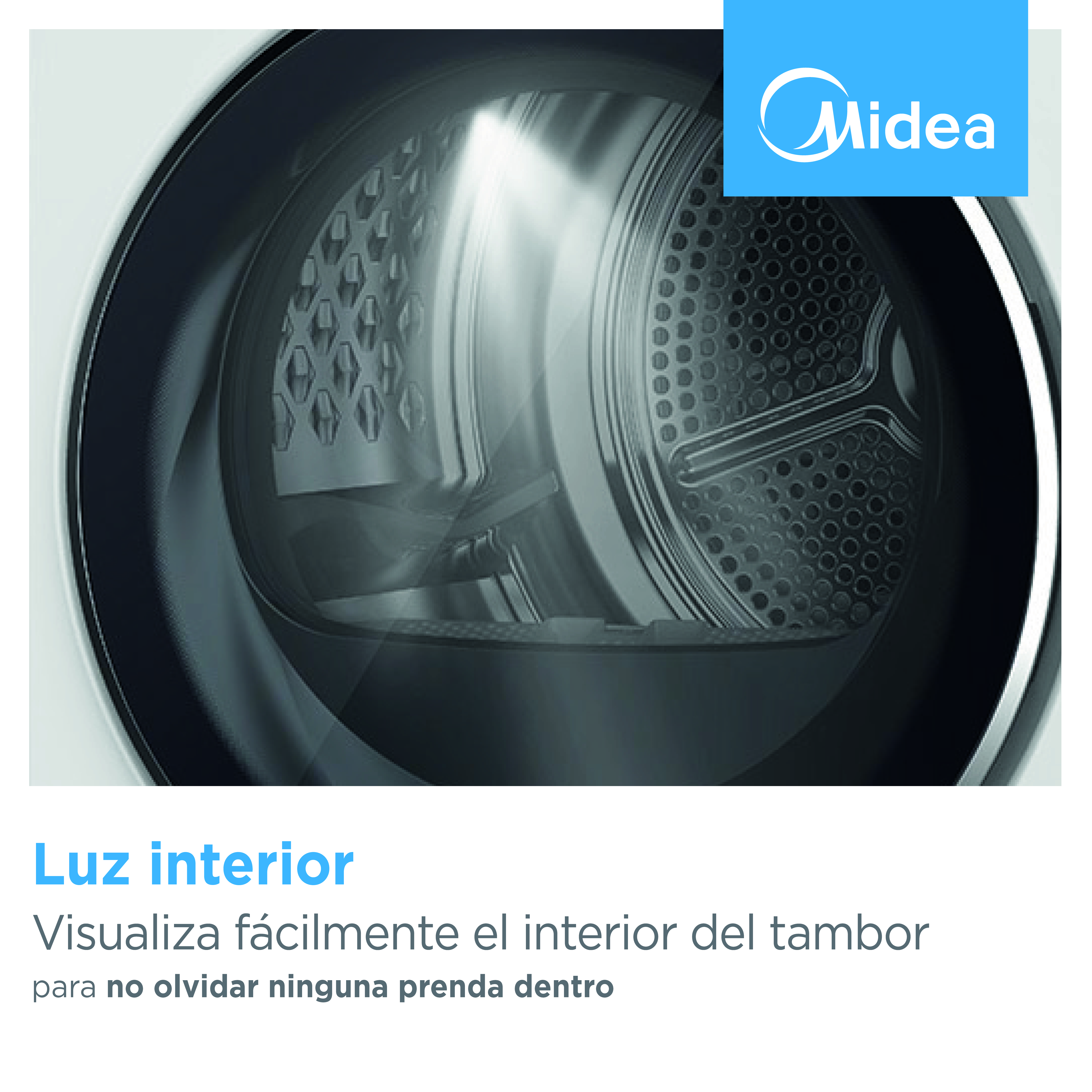 Luz interior de una lavadora con logo Midea.
