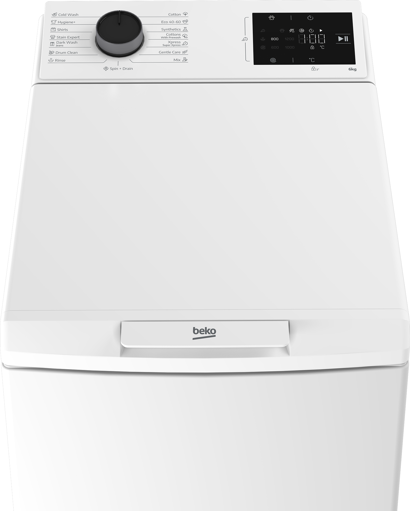 Fehér Beko mosógép digitális kijelzővel és programválasztó gombbal.
