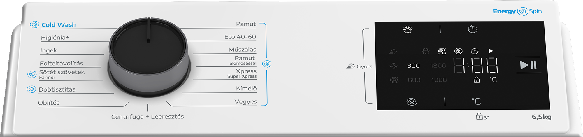 Mosógép kezelőpanel programválasztással és digitális kijelzővel.
