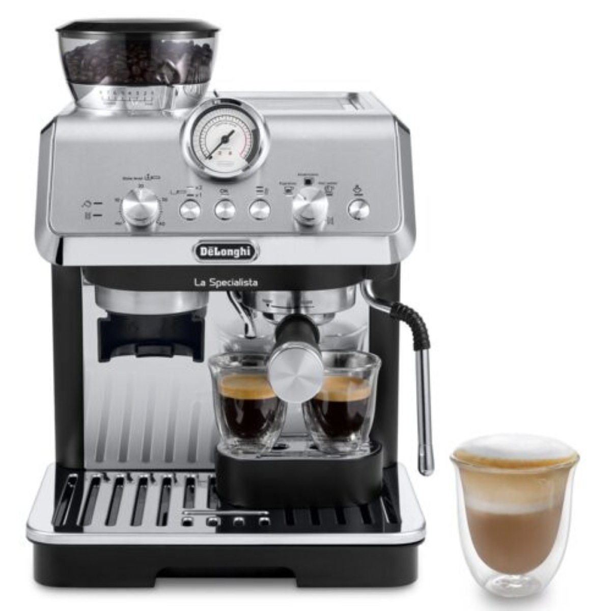 Srebrno-czarna maszyna do espresso z dwoma szklankami espresso i jednym cappuccino.