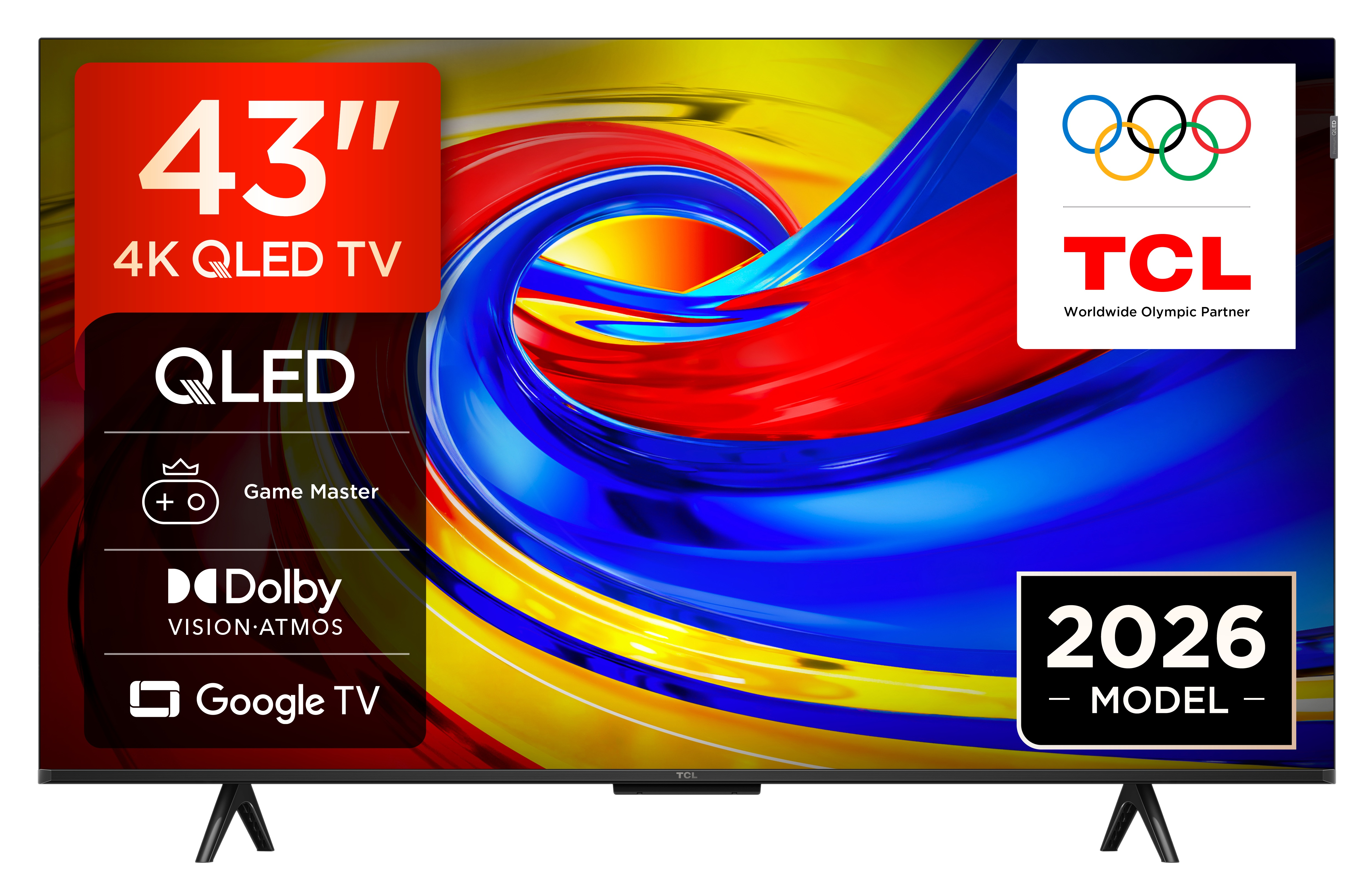 Telewizor TCL 4K QLED 43 cale z kółkami olimpijskimi i logo Google TV. Model 2026.