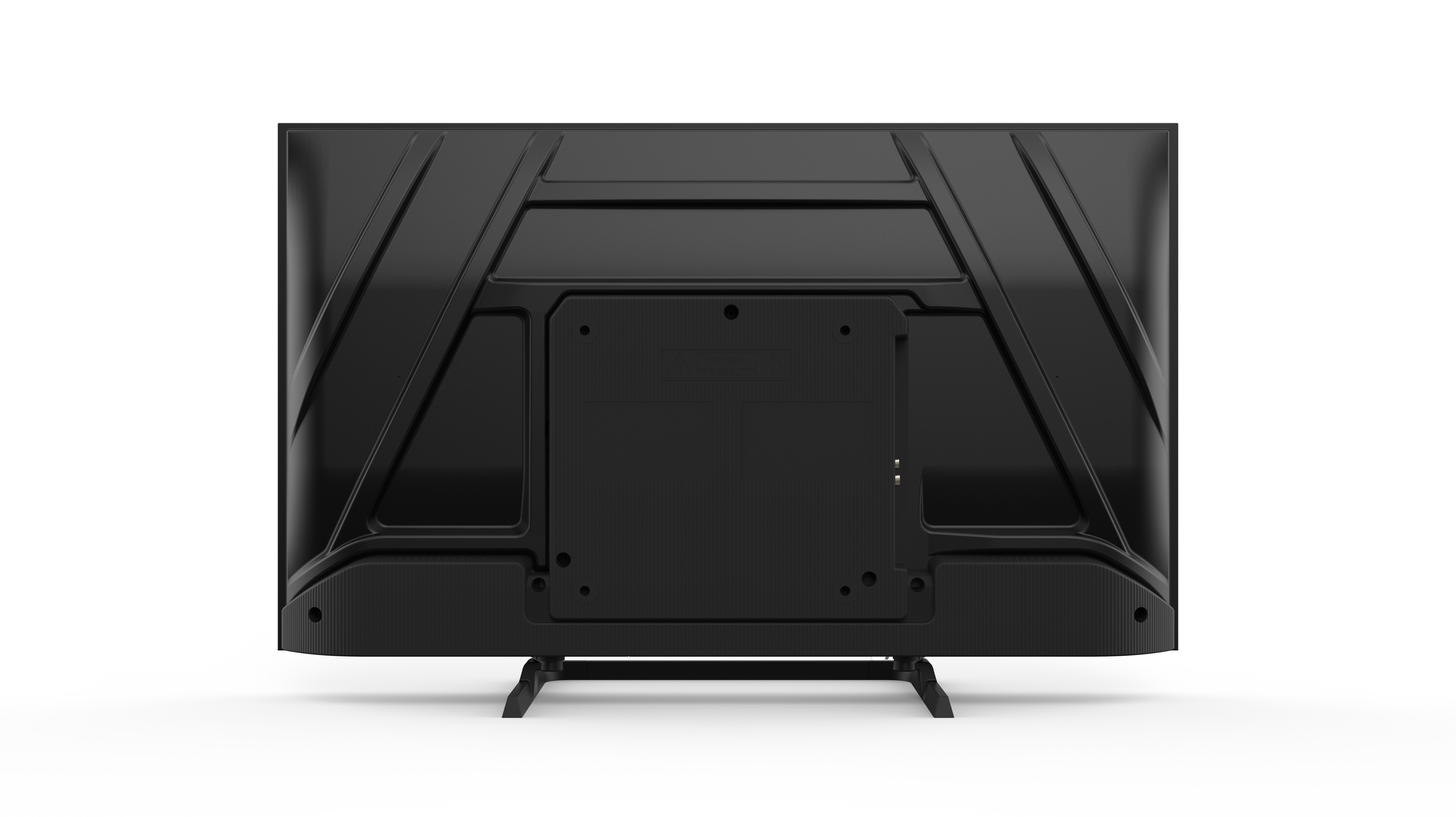 Rückseite eines schwarzen Fernsehers mit Ständer, auf weißem Hintergrund.