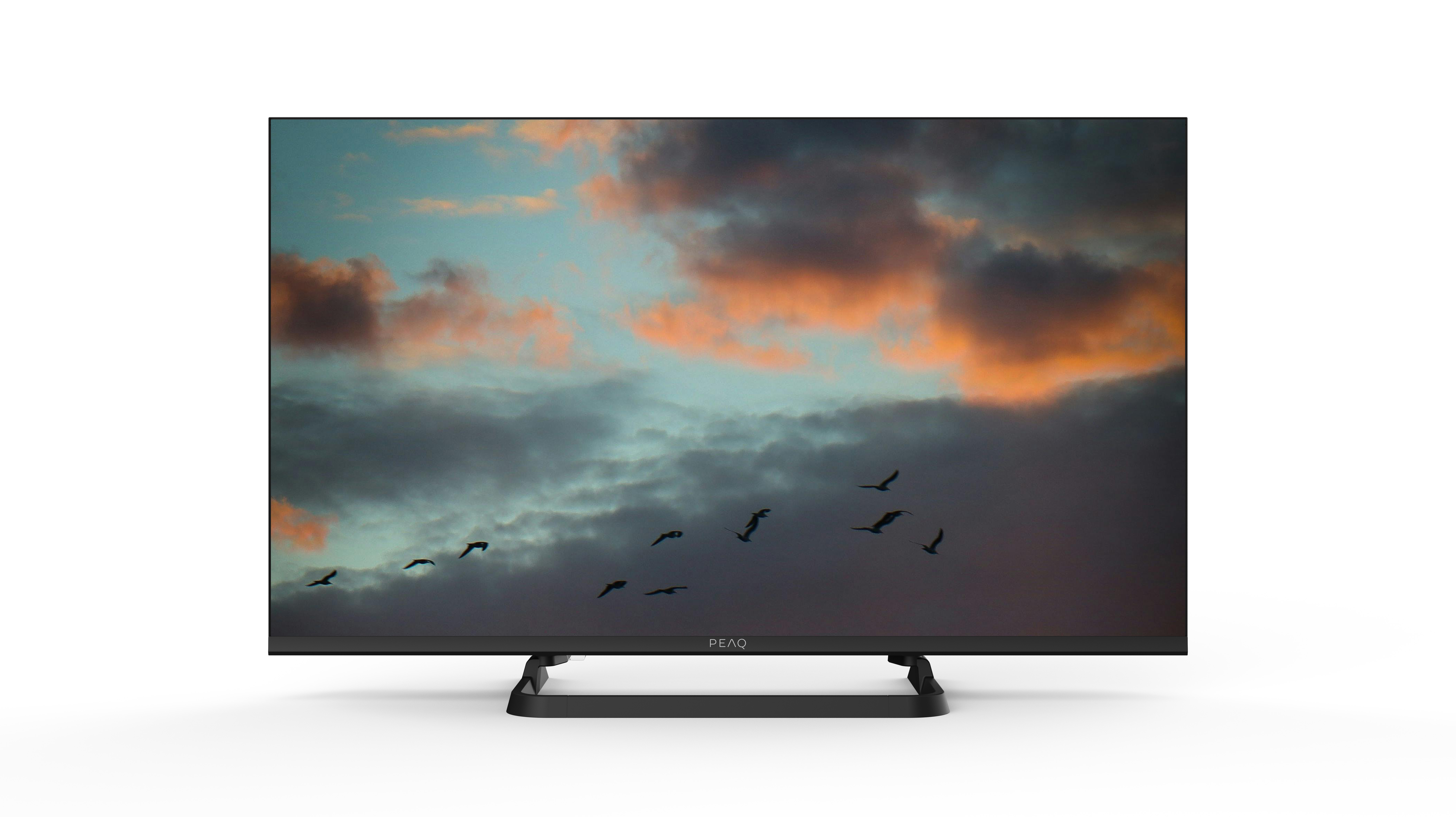 Ein Fernseher zeigt einen dramatischen Himmel mit Wolken und fliegenden Vögeln.
