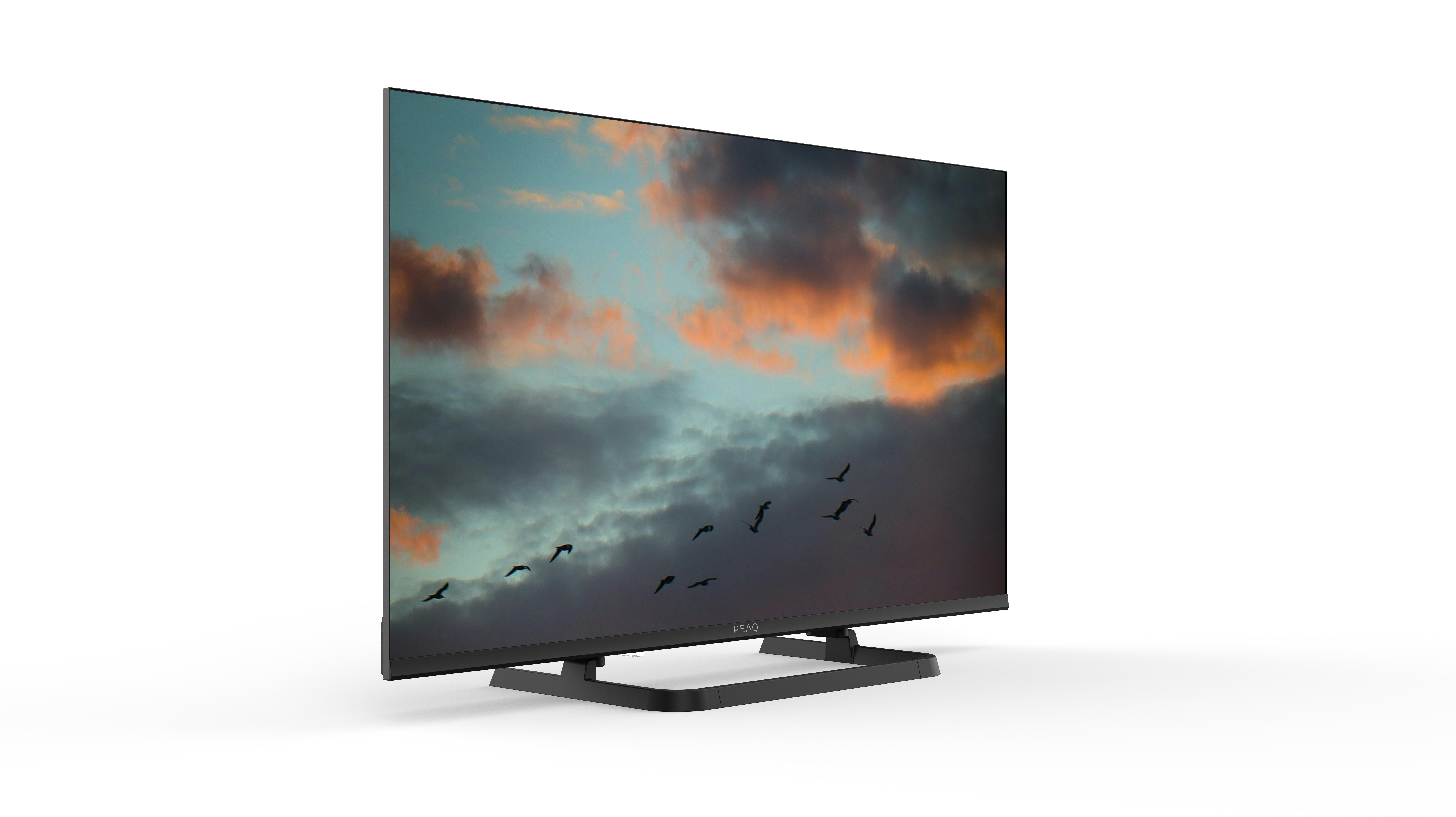 Ein moderner Fernseher mit einem dramatischen Himmel und Vögeln auf dem Bildschirm.