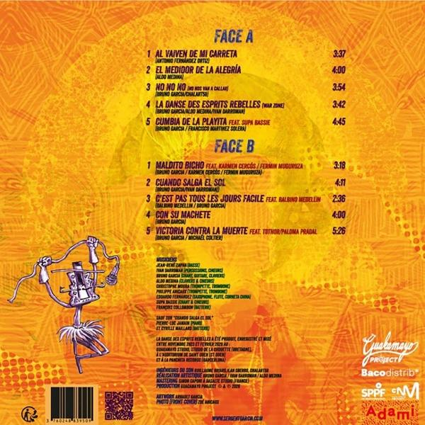 Album-Cover mit Songliste für Face A und Face B, unten ein Cartoon-Künstler.