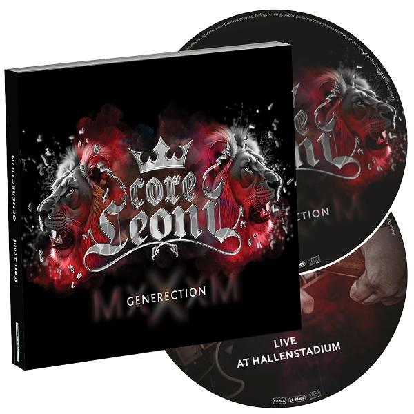 CD-Cover mit zwei Löwenköpfen und Bandlogo, daneben CDs.