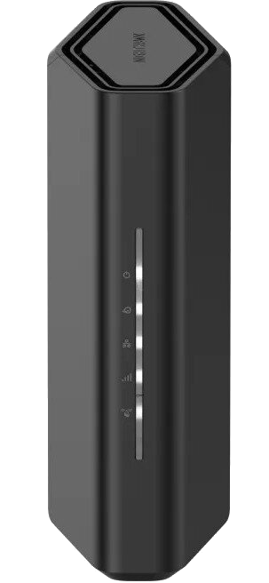 Czarny pionowy router z podświetlanymi wskaźnikami statusu z przodu i logo na górze.