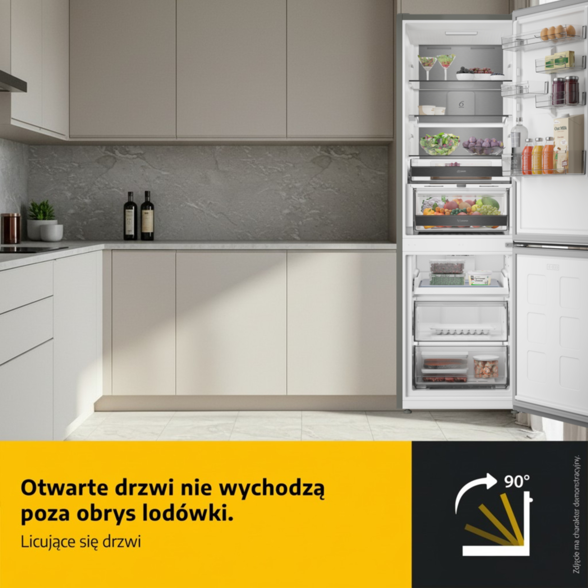 Otwarte drzwi nie wystają poza obrys lodówki. Drzwi licujące się.