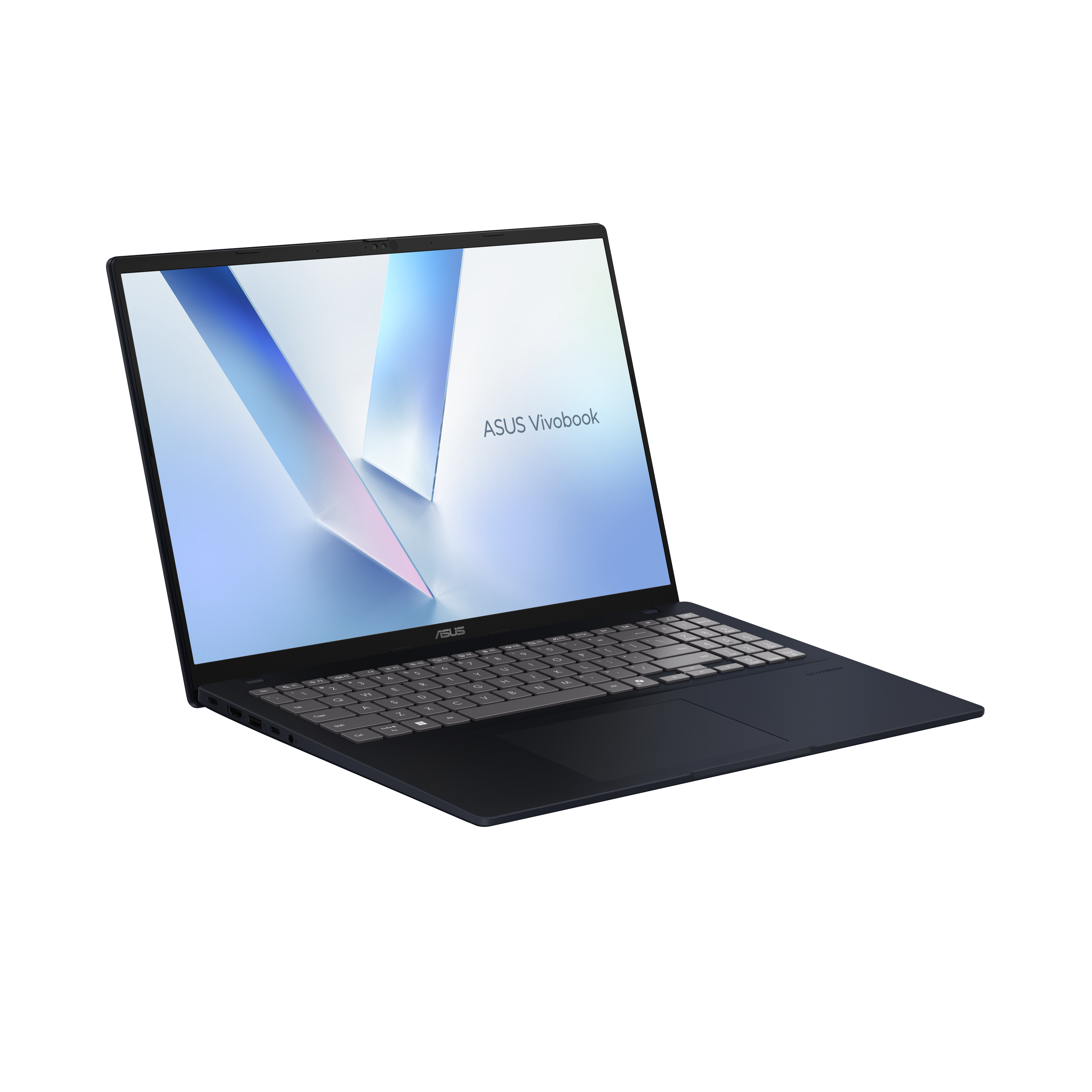 Dunkelblauer ASUS Vivobook Laptop mit beleuchteter Tastatur und Touchpad.