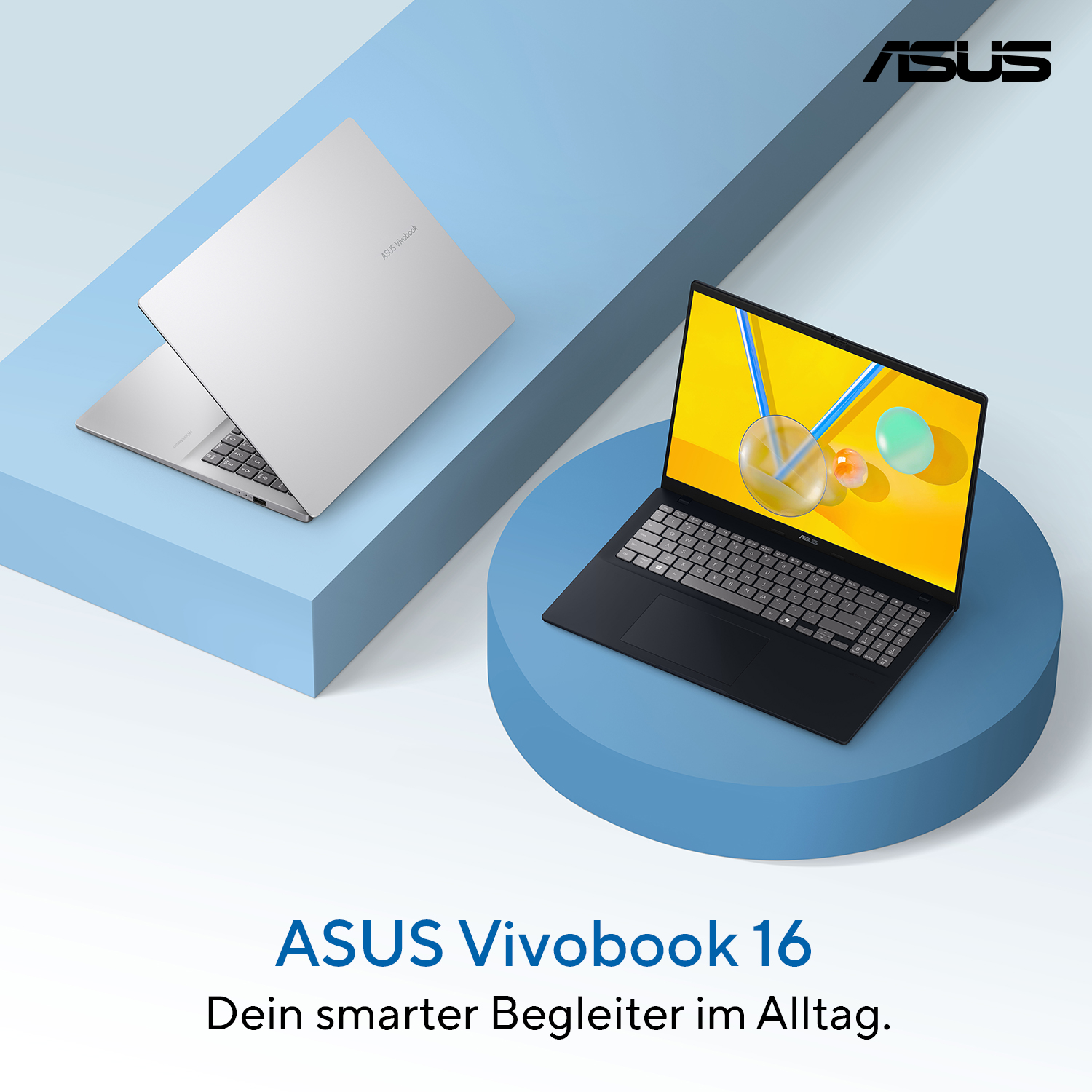 Zwei Asus Laptops auf blauen Podesten, einer offen mit gelbem Bildschirm.