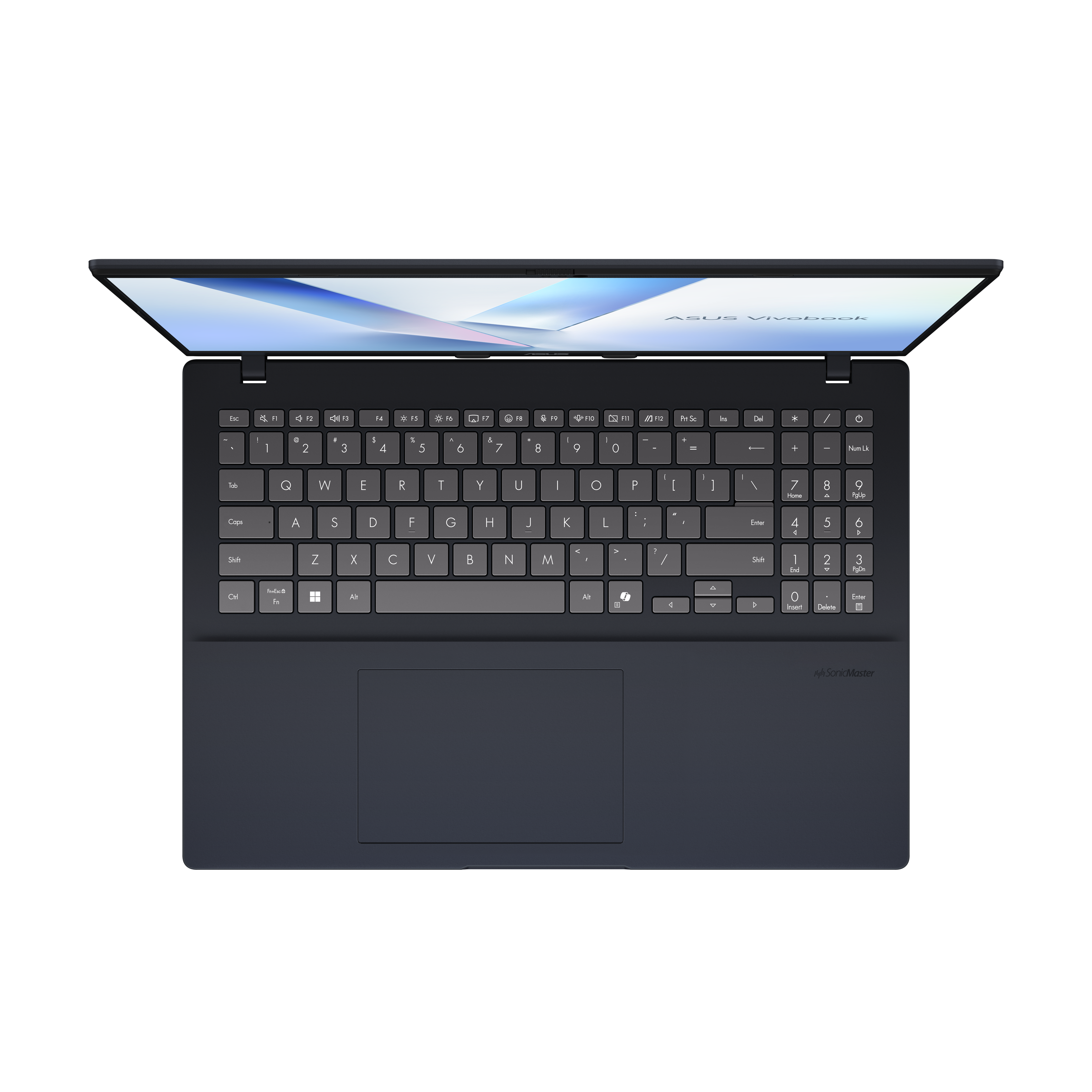 Dunkelblaues Notebook mit geöffnetem Deckel, Tastatur und Touchpad.