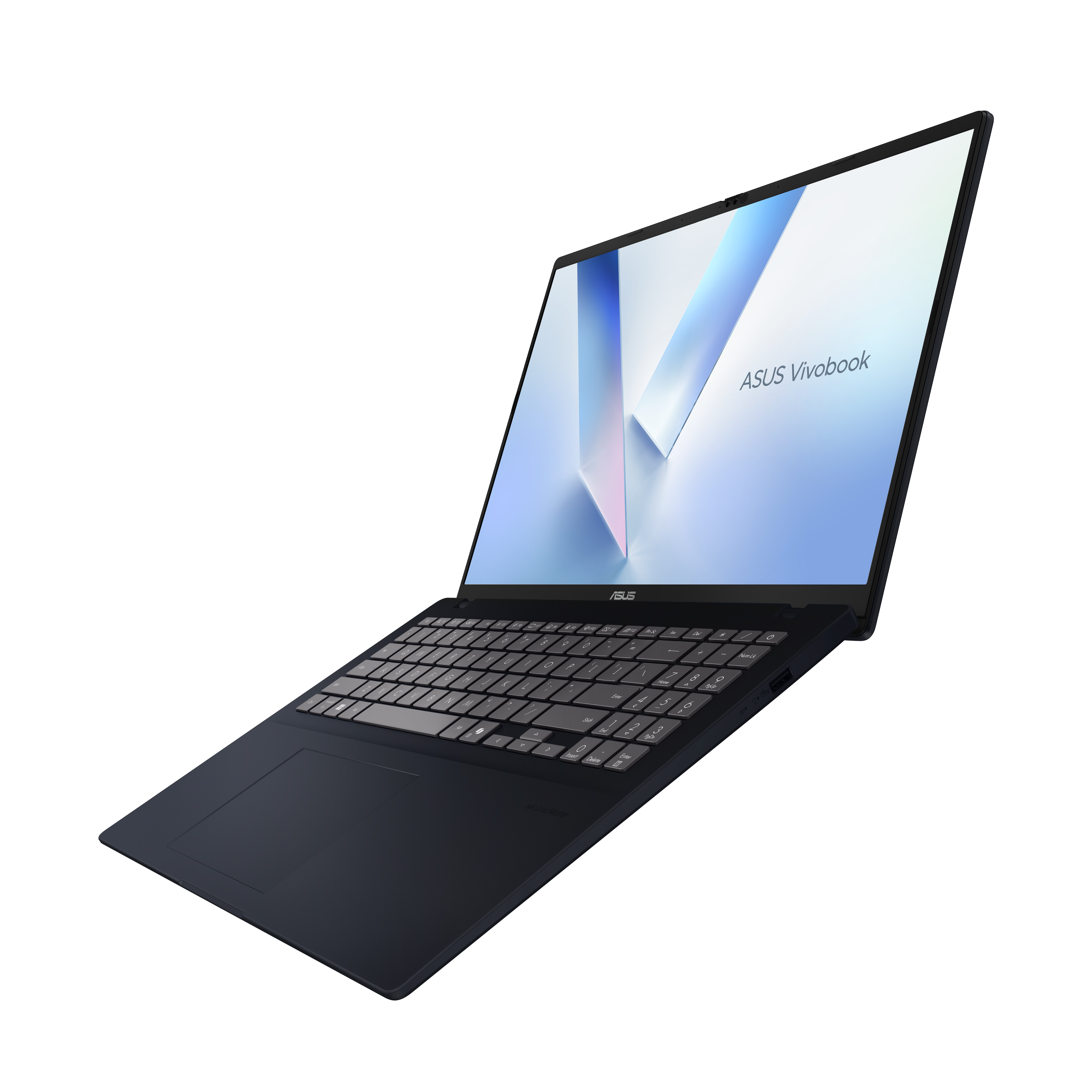 Ein dunkler Asus Vivobook Laptop mit beleuchteter Tastatur auf schwarzem Hintergrund.