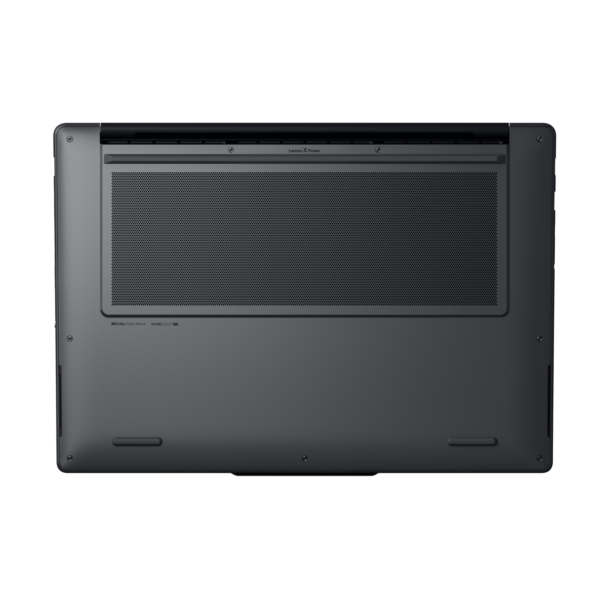 Die Unterseite eines grauen Laptops mit Lüftungsschlitzen und Logo.