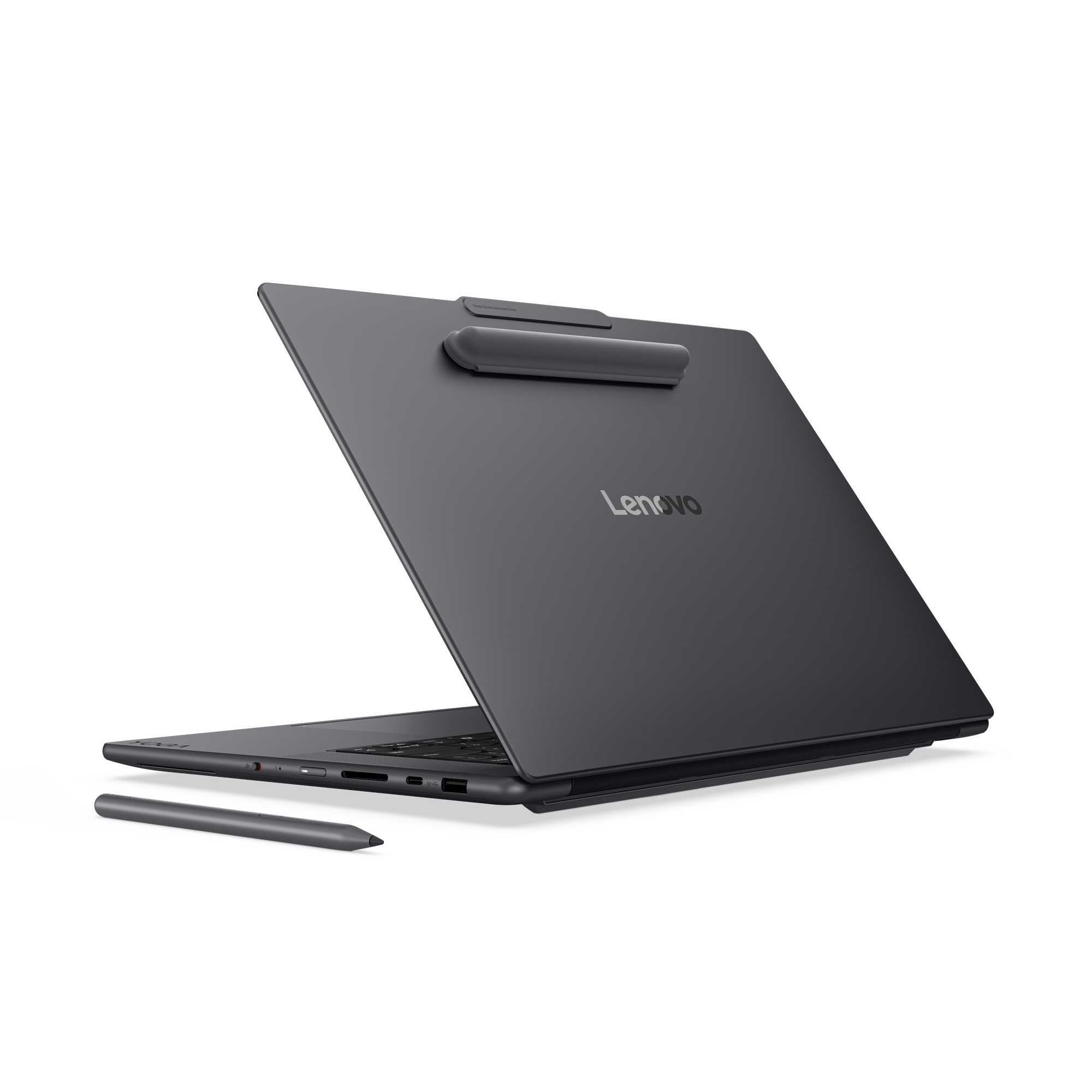 Grauer Lenovo Laptop mit Stift auf dunklem Hintergrund.