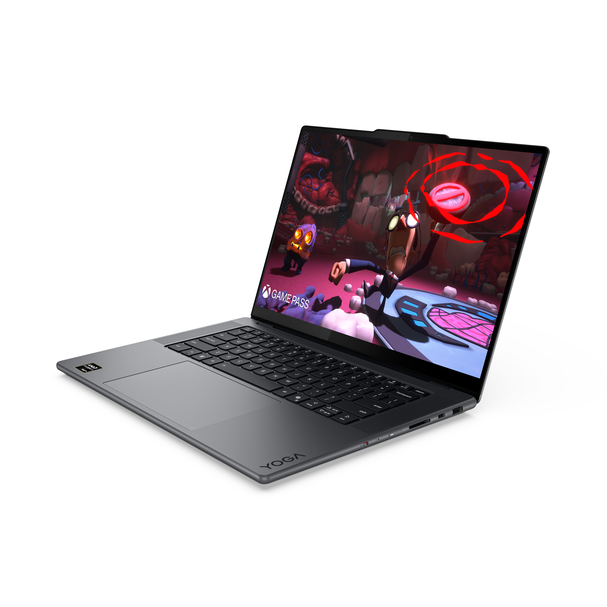 Ein Laptop zeigt ein buntes Videospiel mit Cartoonfiguren.