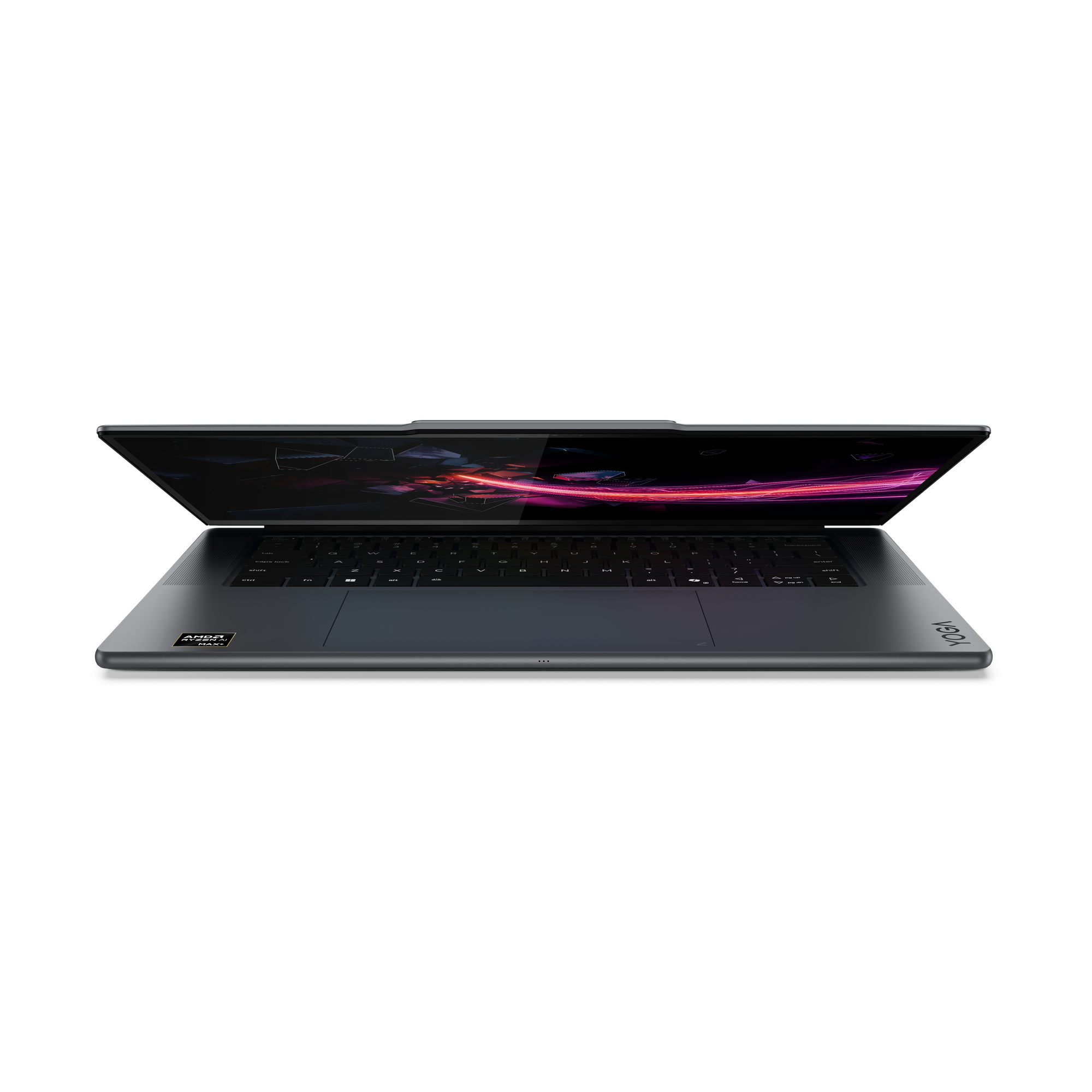 Ein geöffneter dunkler Laptop mit leuchtendem Bildschirm und Tastatur auf schwarzem Hintergrund.