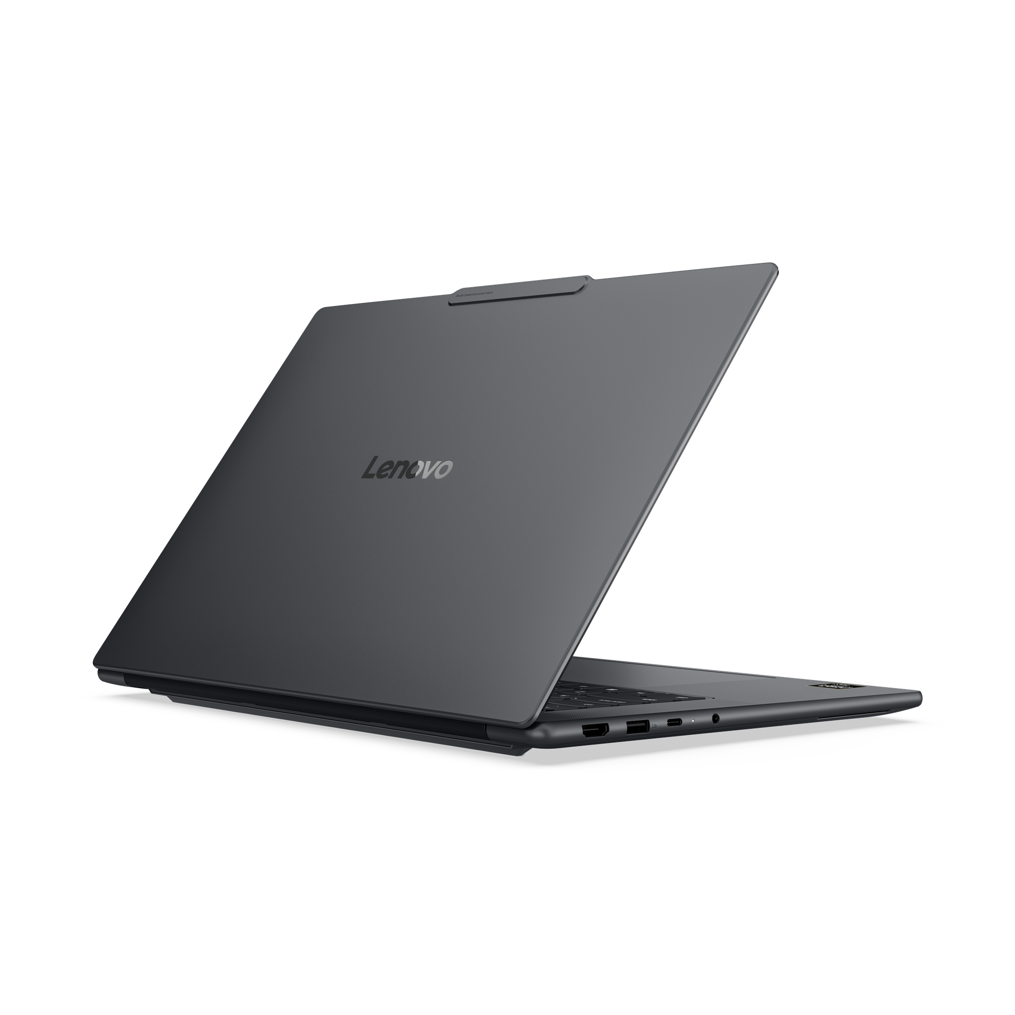 Grauer Lenovo Laptop, geöffnet, mit Blick auf die Seite und Tastatur.