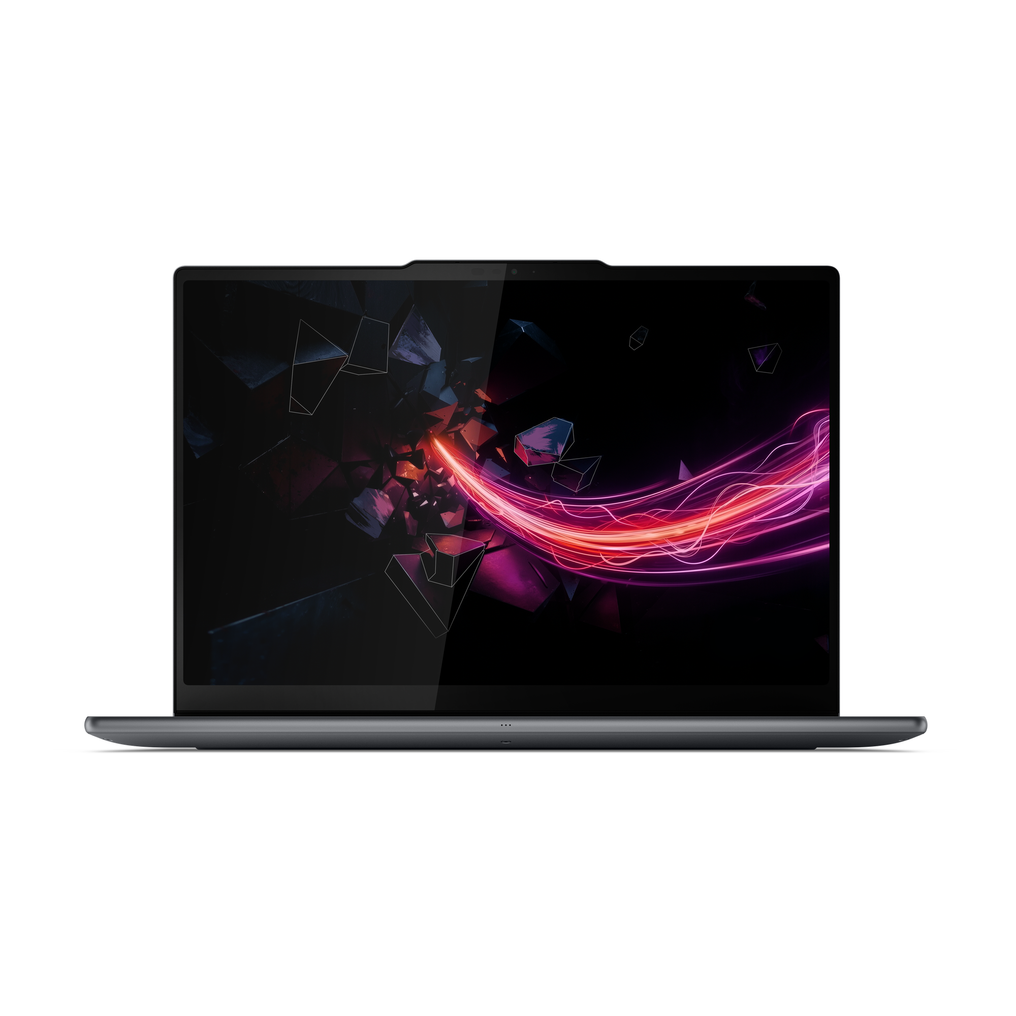 Ein Laptop mit abstraktem, zerbrochenem Hintergrund und leuchtenden Linien.