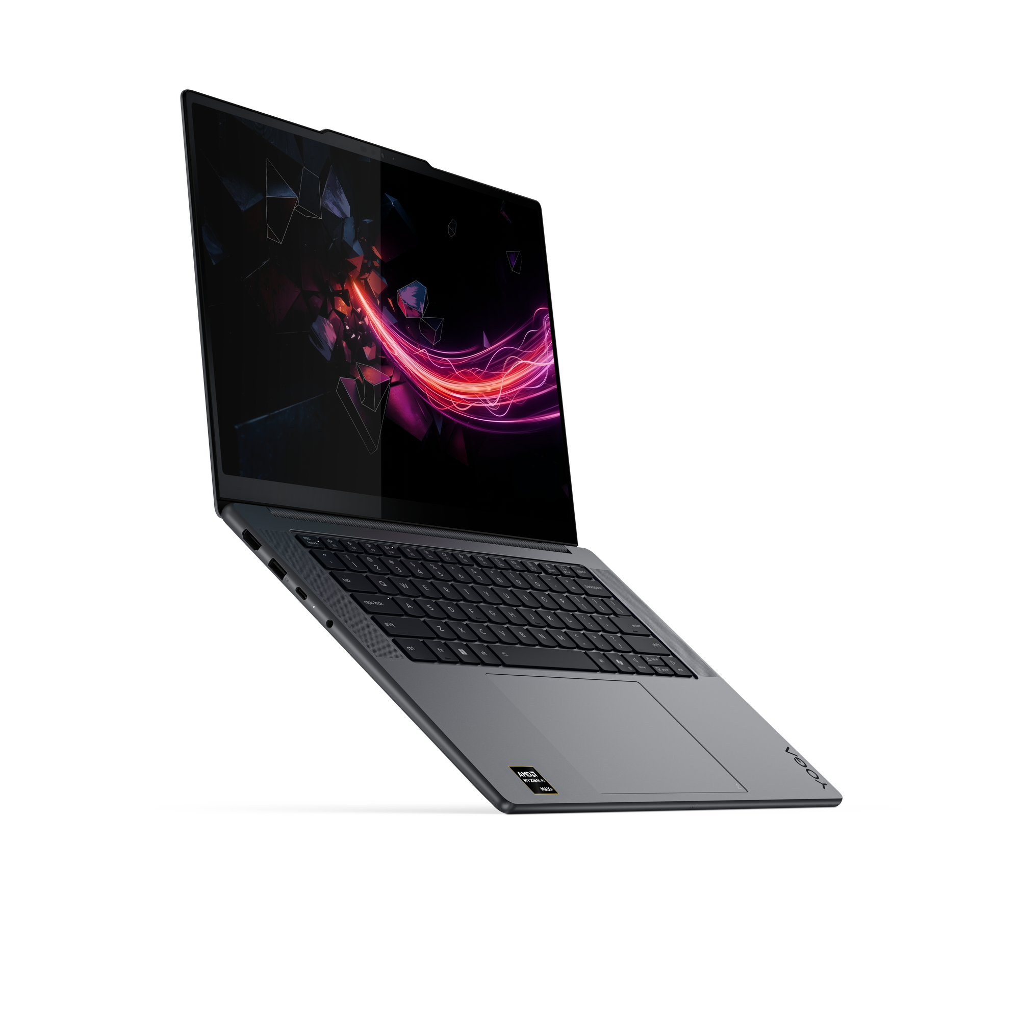 Ein geöffneter grauer Laptop mit einem abstrakten, bunten Hintergrund auf dem Bildschirm.