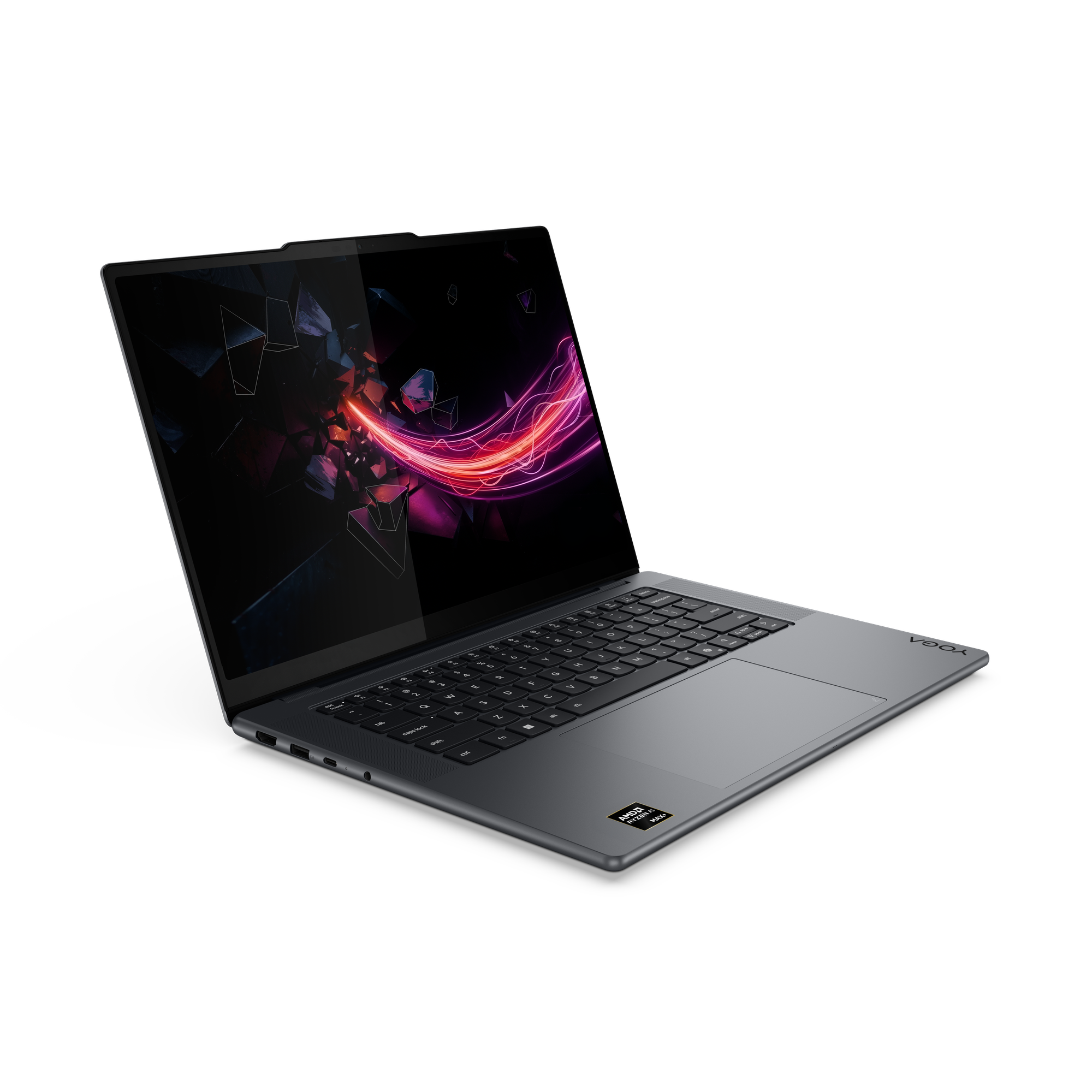 Grauer Laptop mit abstraktem Hintergrund auf dem Bildschirm.