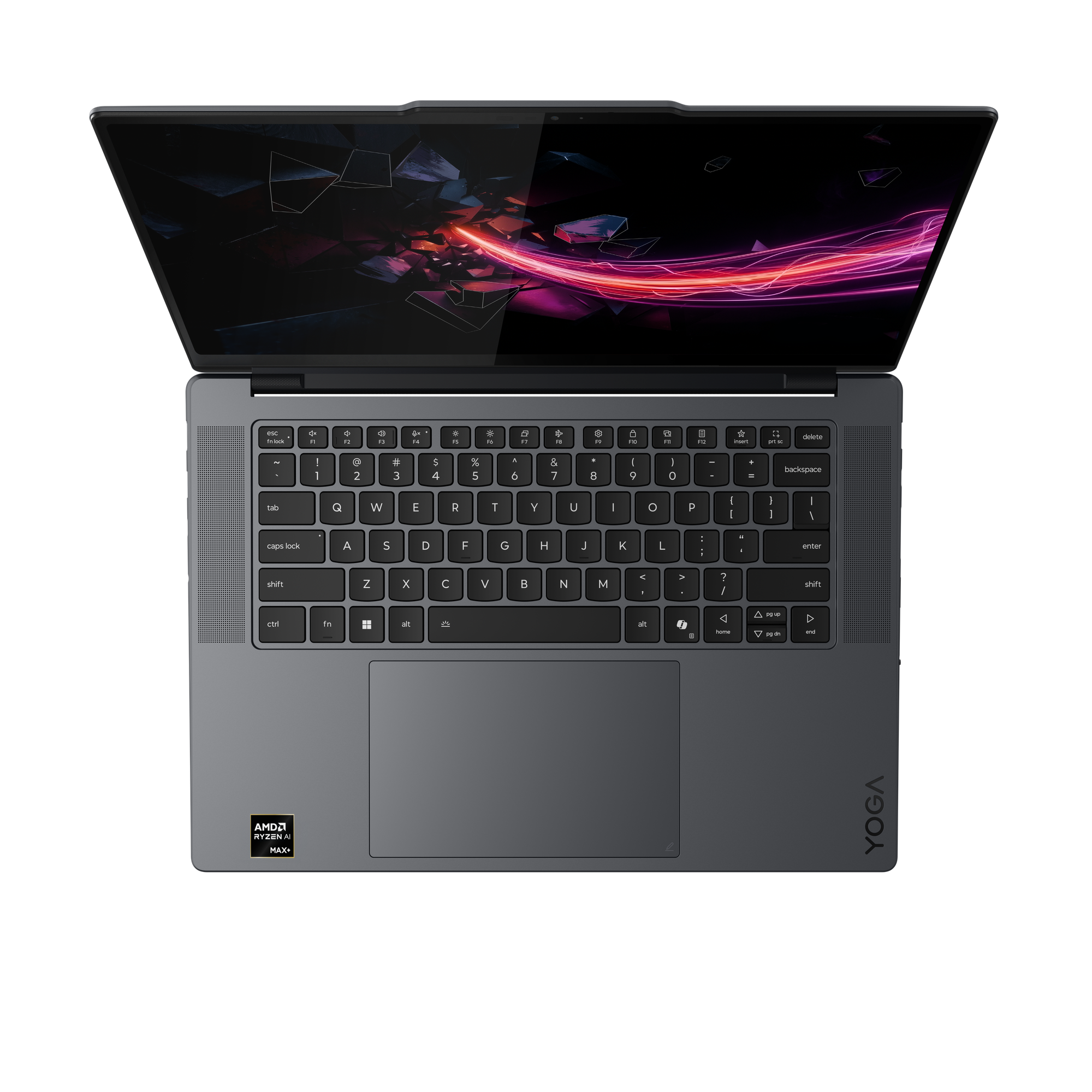 Ein graues Laptop mit geöffnetem Bildschirm, der ein abstraktes, leuchtendes Design zeigt.